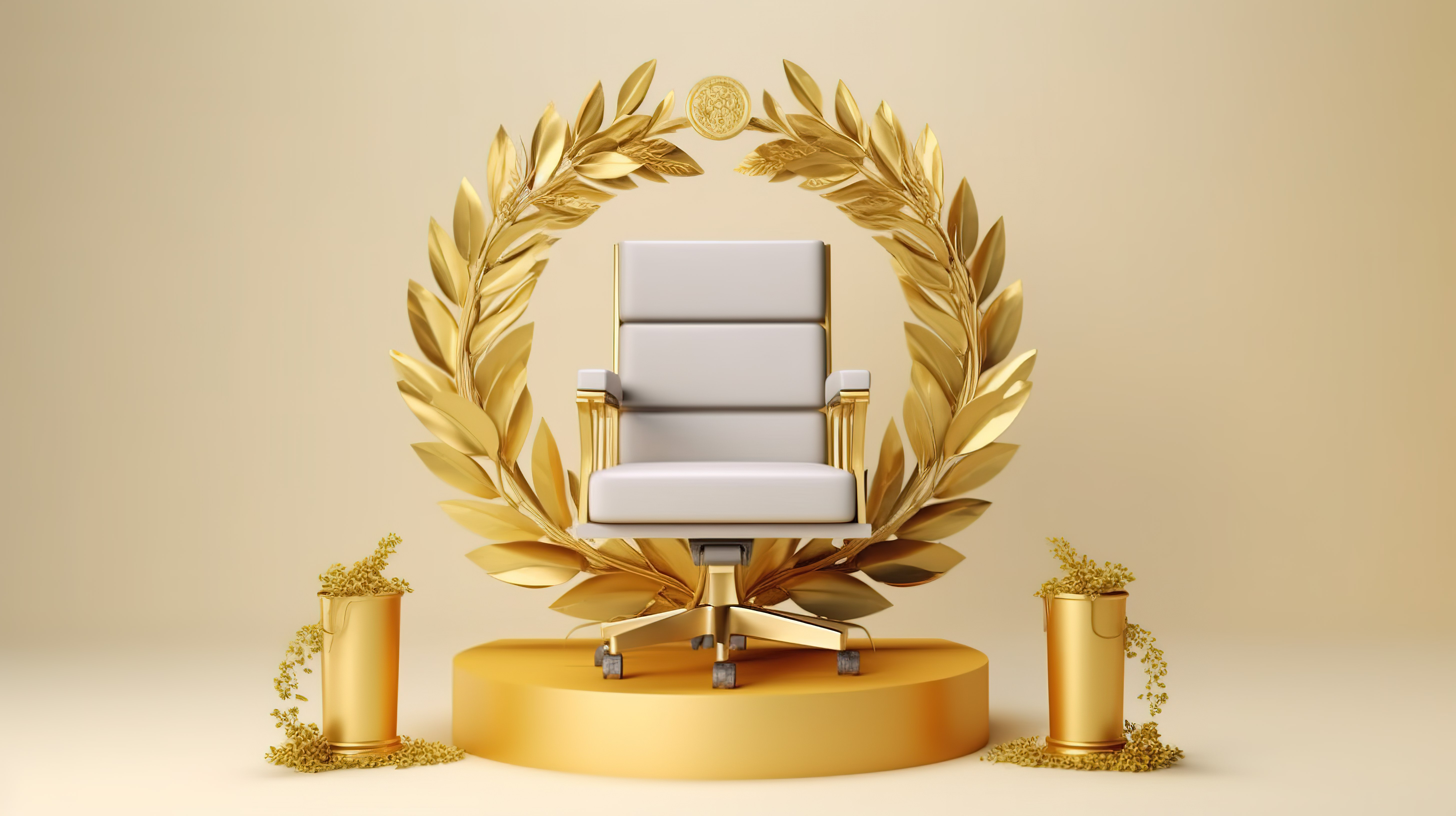 金立方奖与月桂花环讲台和老板办公椅在白色背景 3D 渲染图片