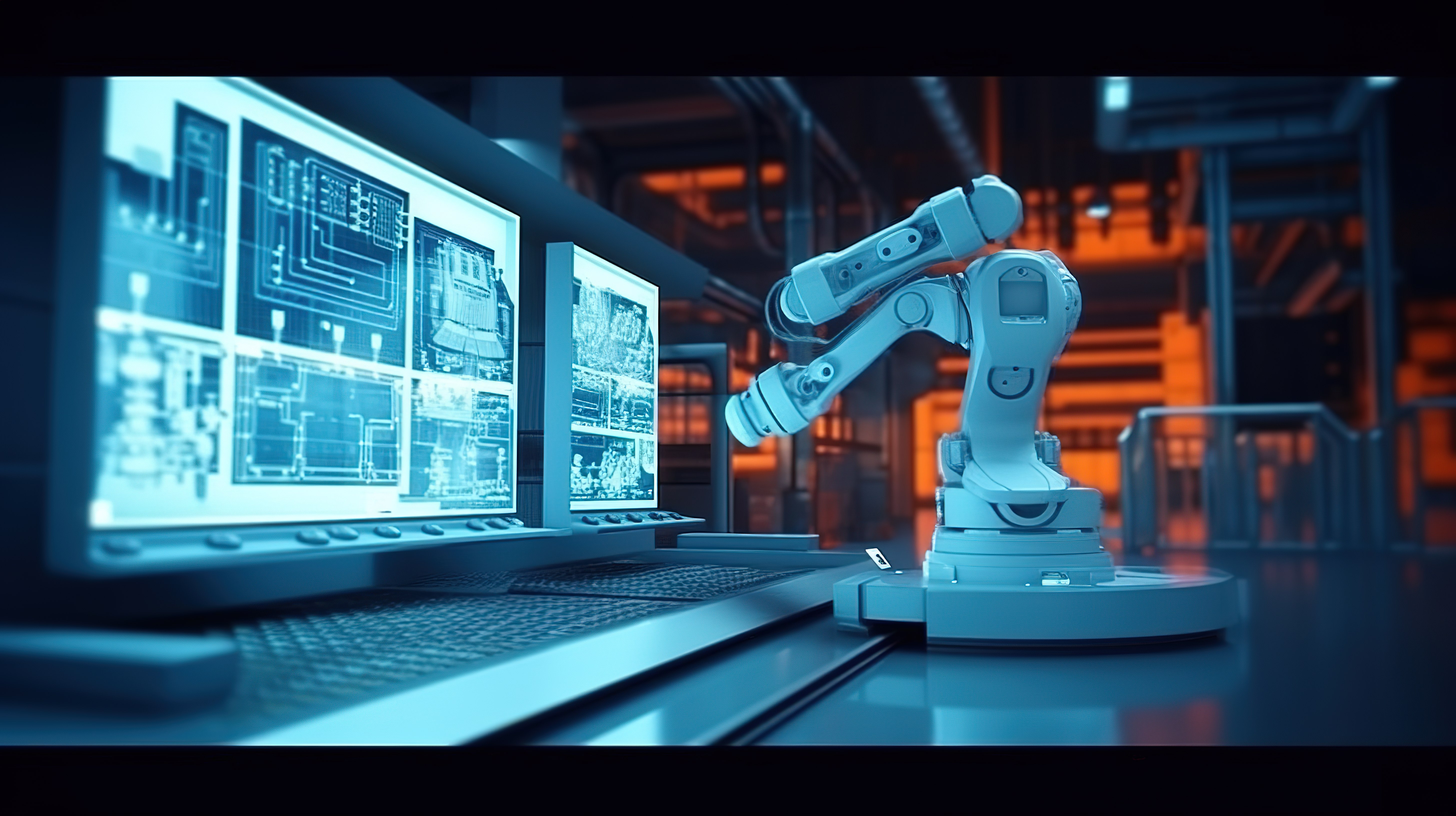 工厂车间 3D 渲染机器人在监视器屏幕上工作图片