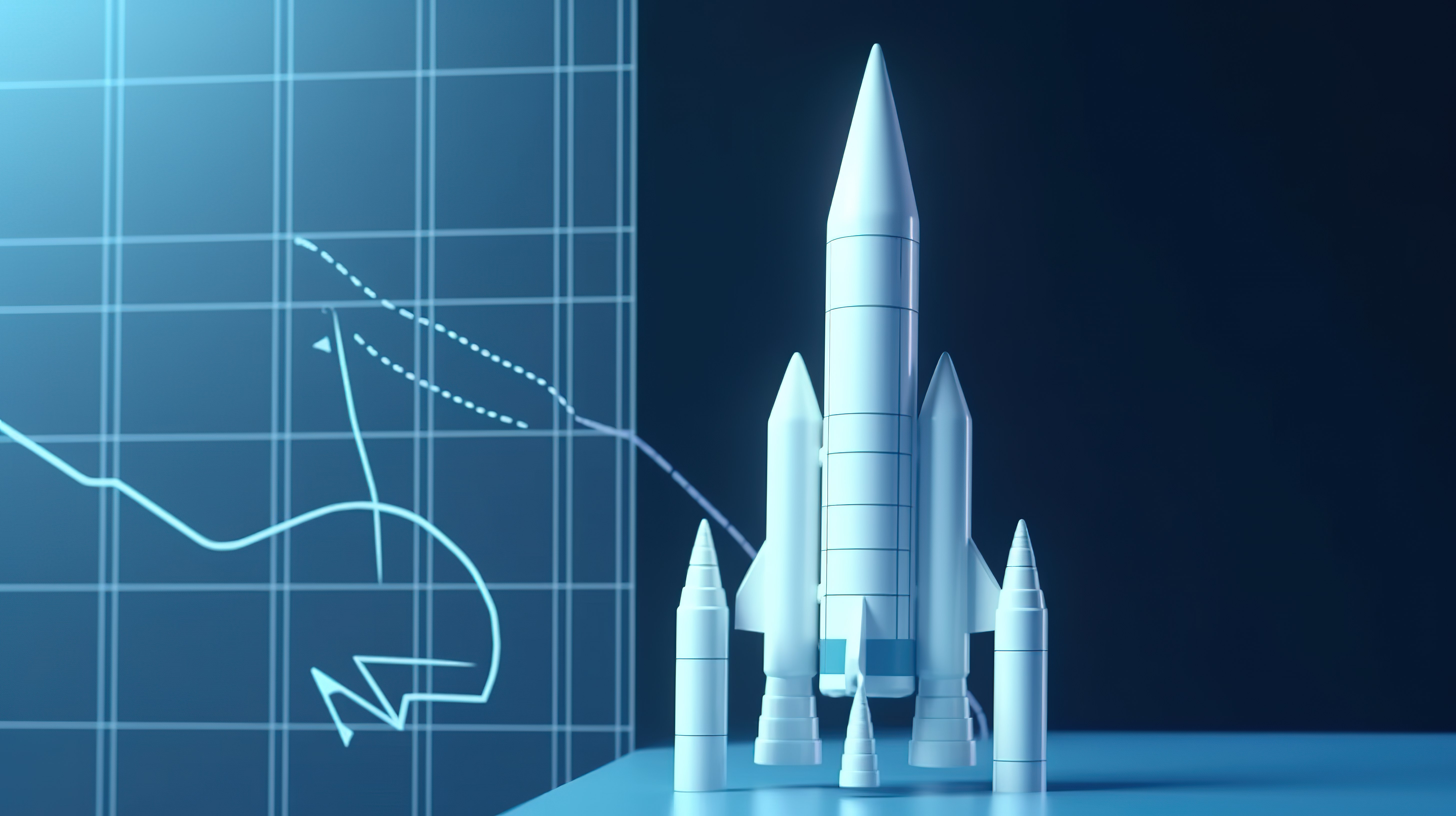 在初创公司展示的商业投资图表的蓝色背景下发射白色火箭的 3D 渲染图片