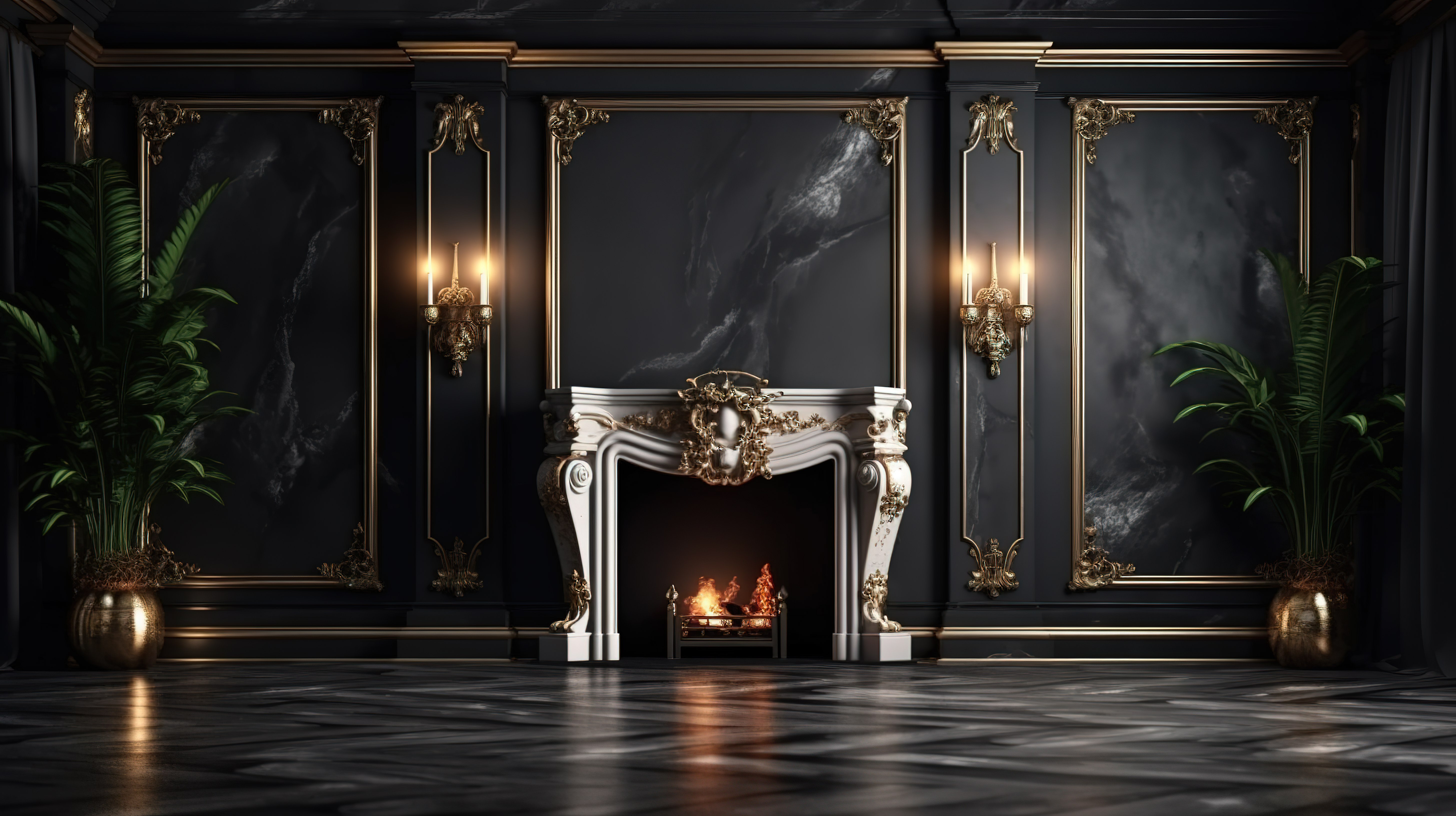 宏伟巴洛克和经典室内设计的逼真 3D 渲染，配有壁炉黑色大理石地板和柱子图片