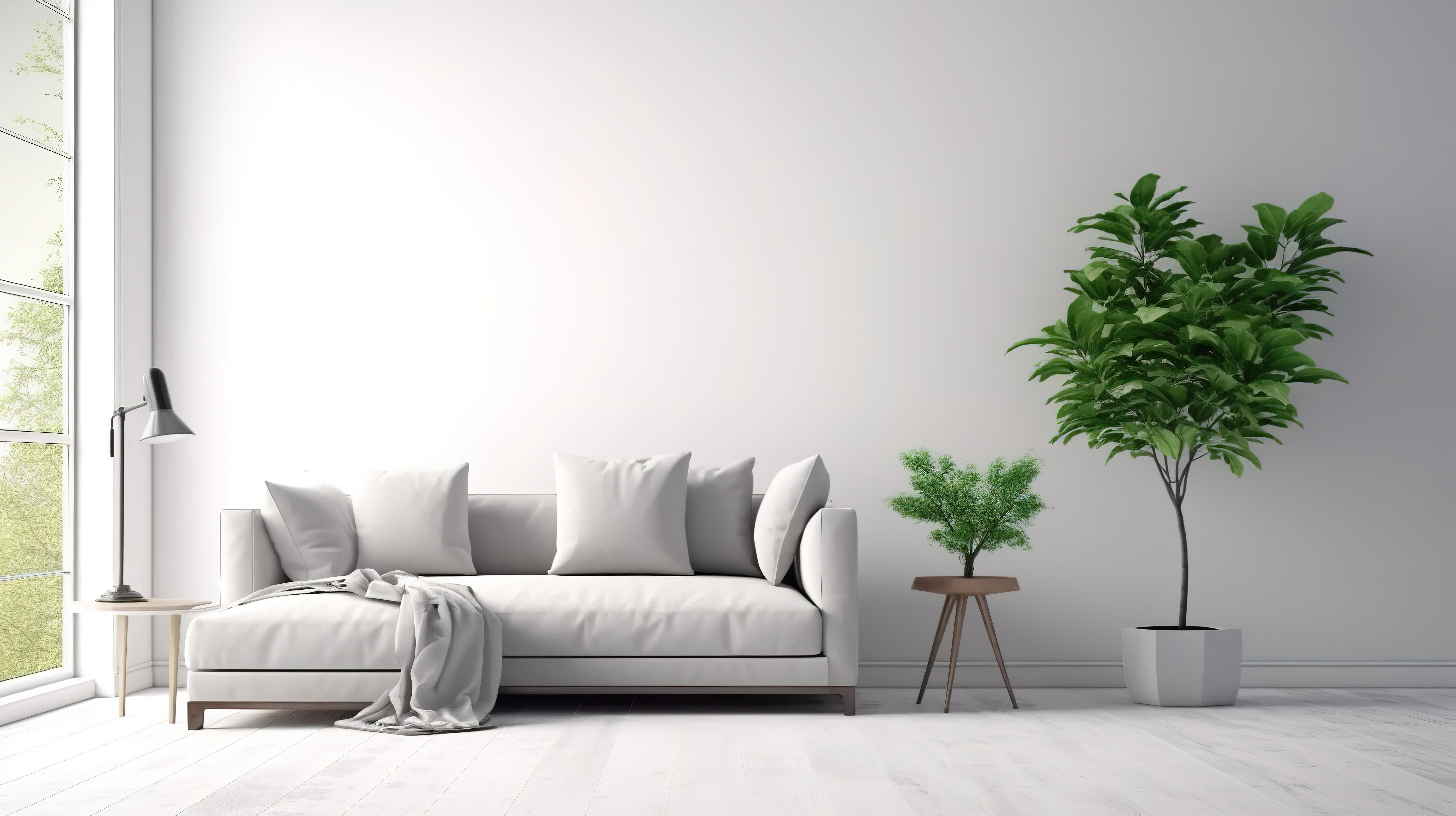 白色背景的 3D 渲染与灰色布艺沙发和枕头创建客厅内墙模型图片