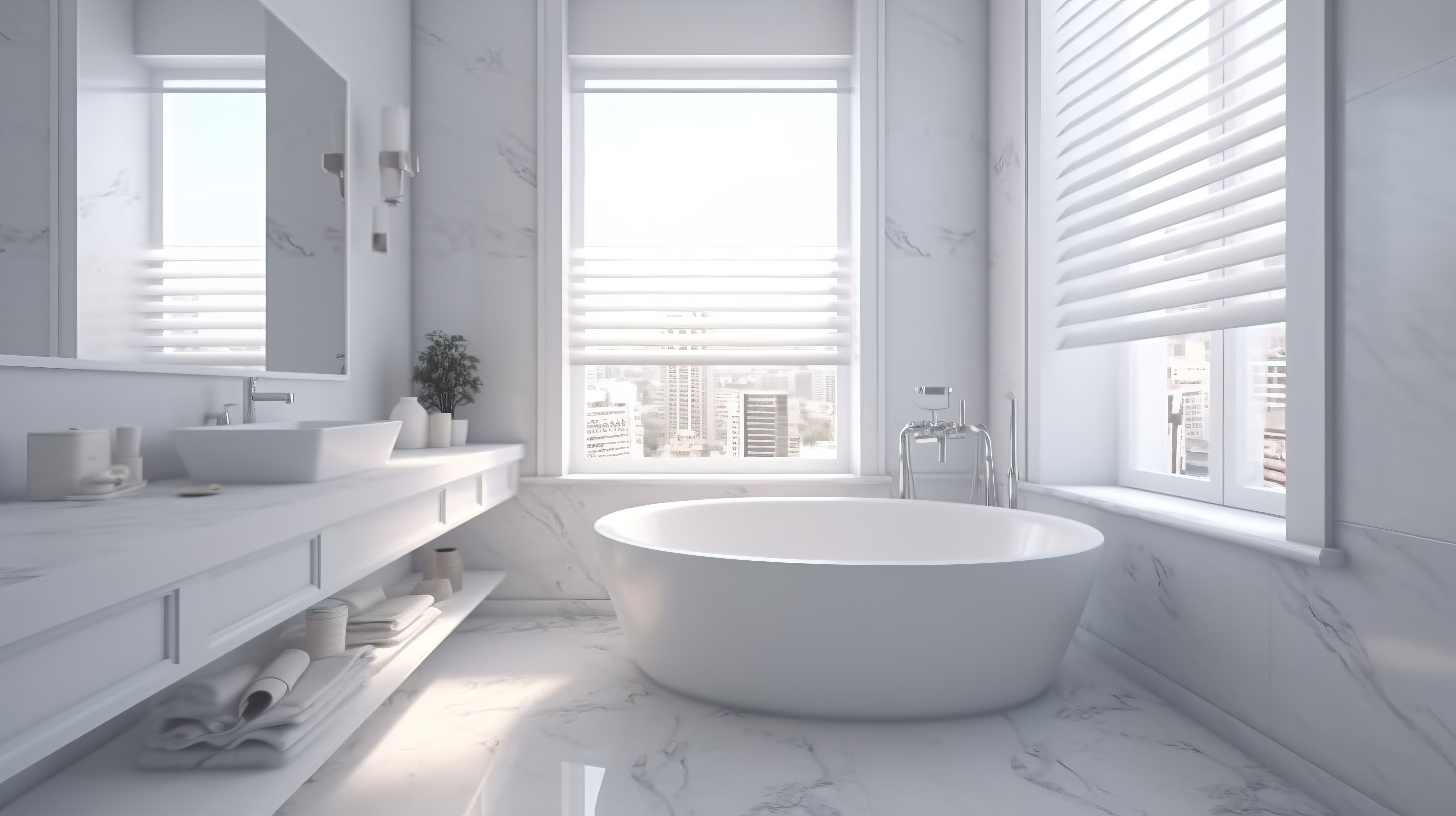 白色大理石浴室的 3D 插图，配有浴缸水槽和日光窗，设计完美图片