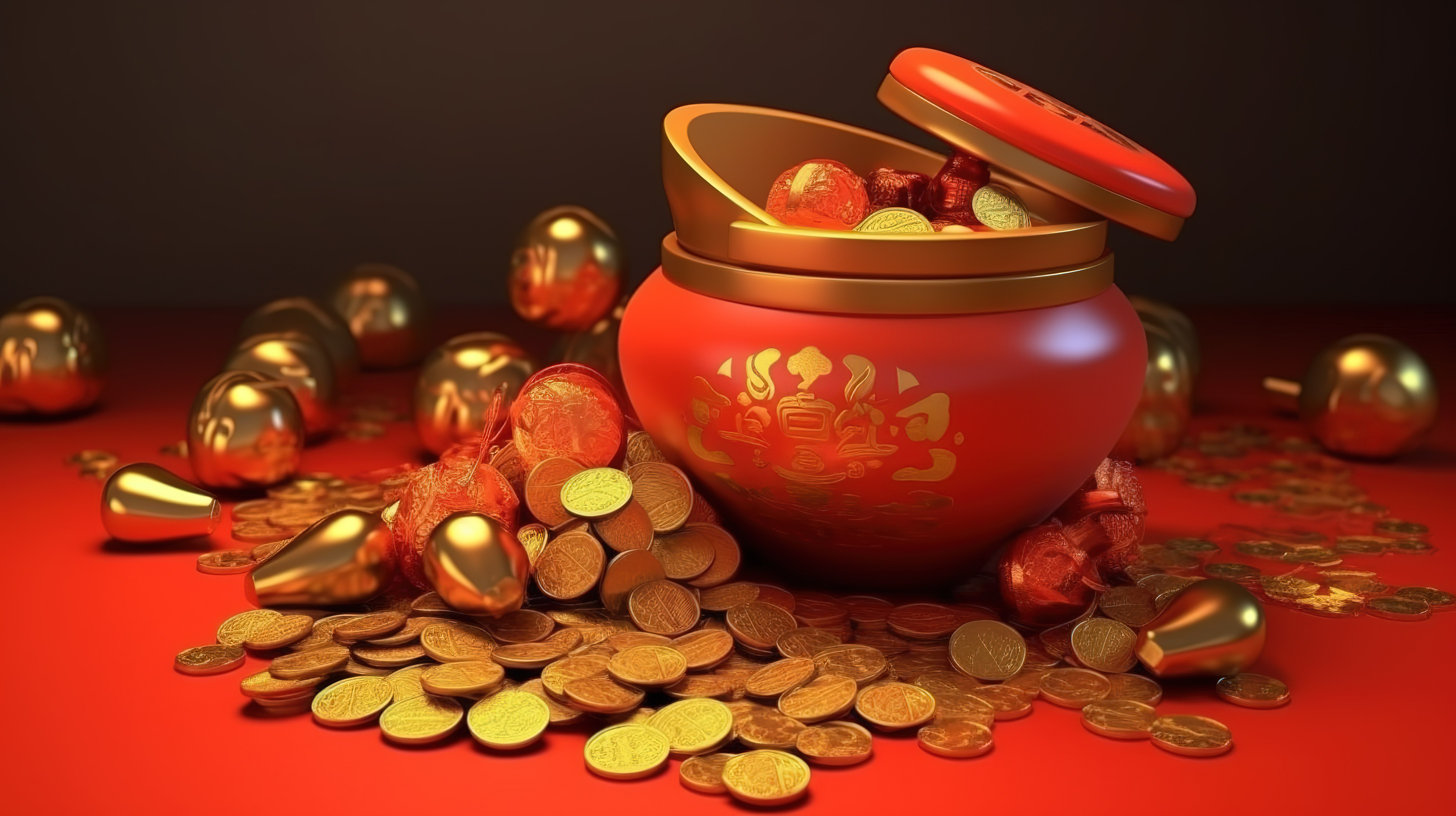喜庆的农历新年背景，带 3D 渲染礼盒硬币灯笼和金锭图片