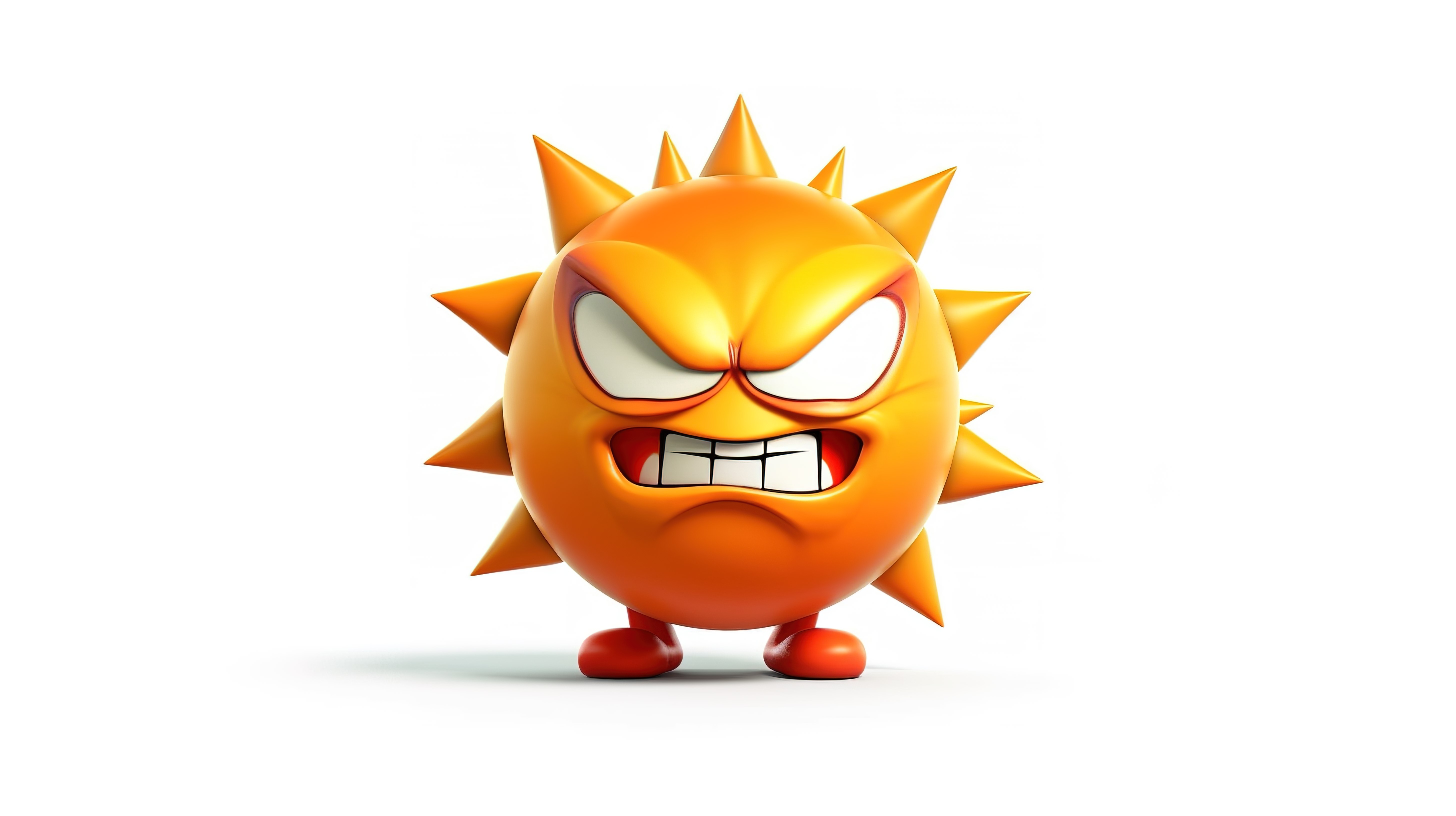 激烈的 3D 卡通太阳表情符号，态度烦躁，独自站在白色背景上图片