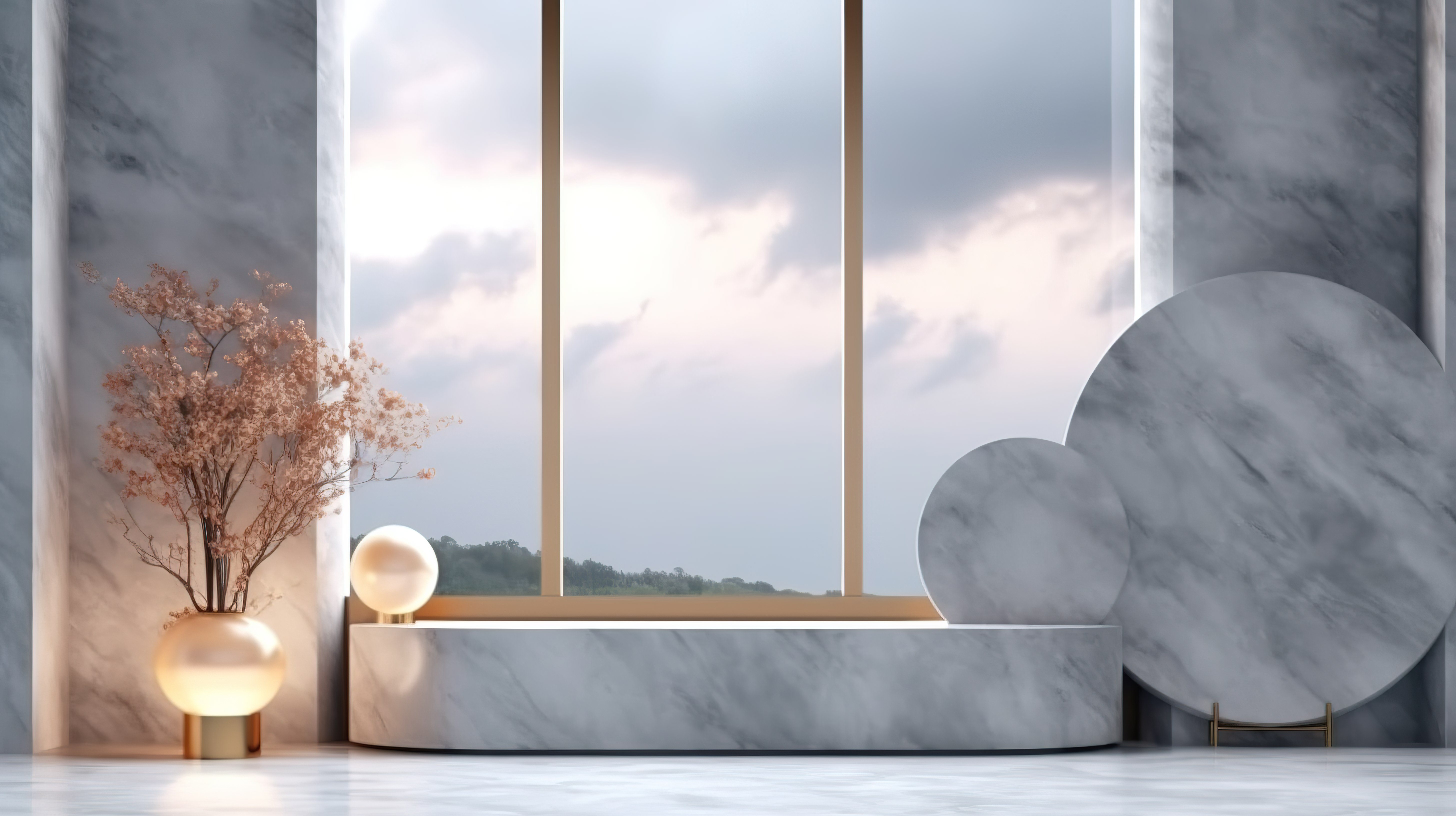 在带有窗户和天空背景的灰色审美背景下，在大理石讲台上实现优雅的 3D 渲染产品展示图片
