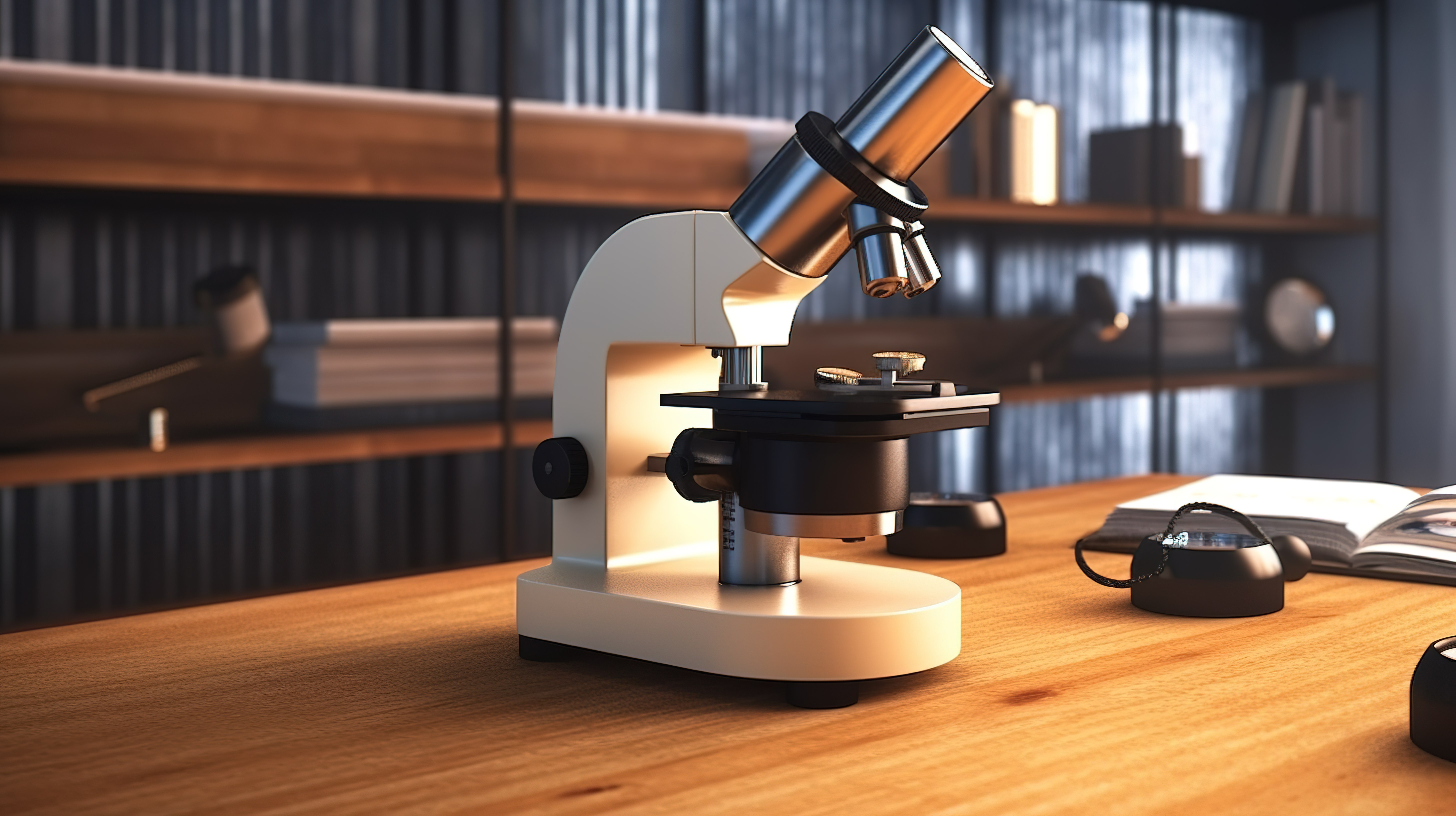 在木桌上的实验室设置中当代显微镜的 3D 渲染图片