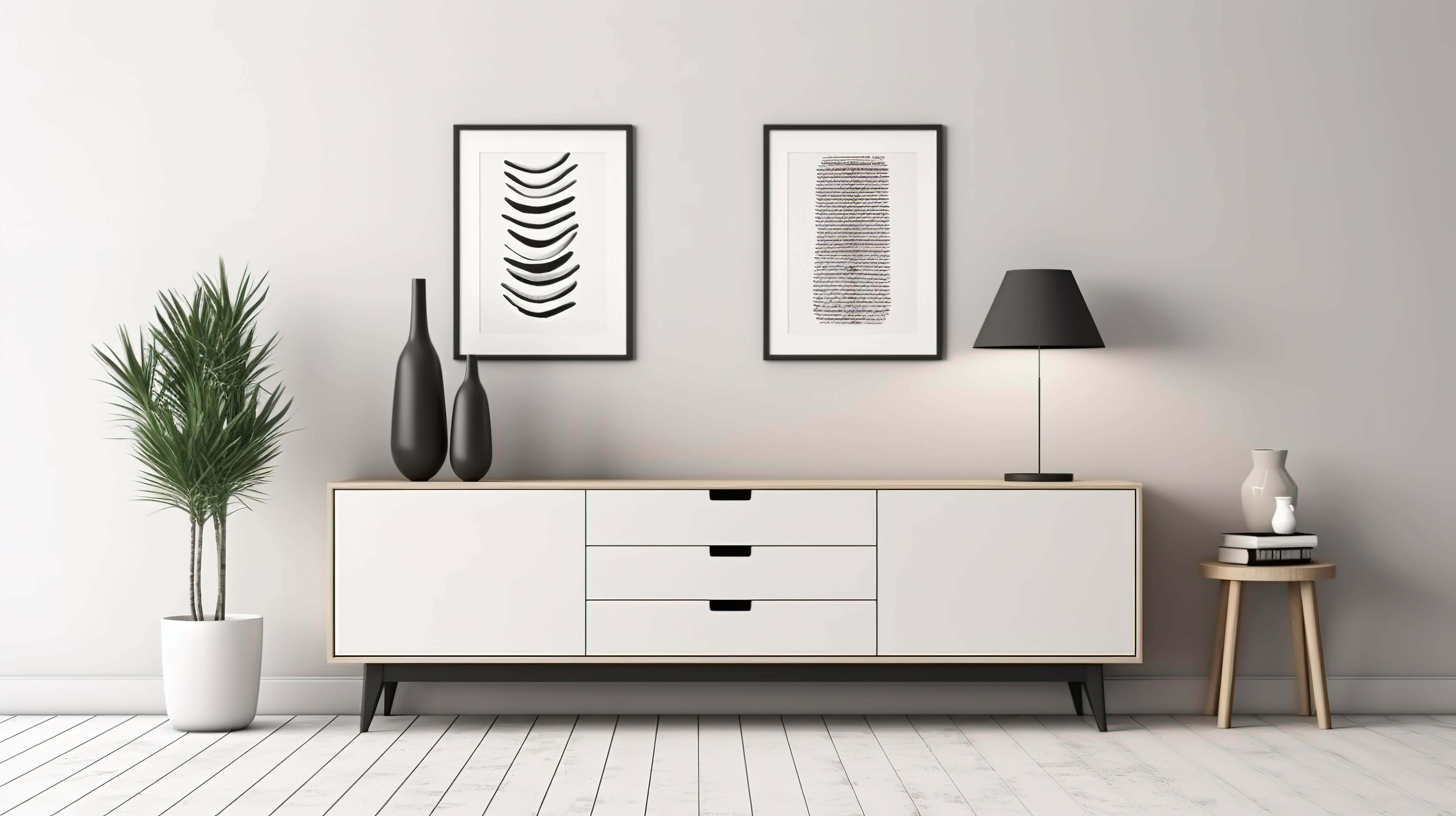 优雅的白色室内海报模型，在 3D 渲染的时尚餐具柜上采用别致的家居装饰图片
