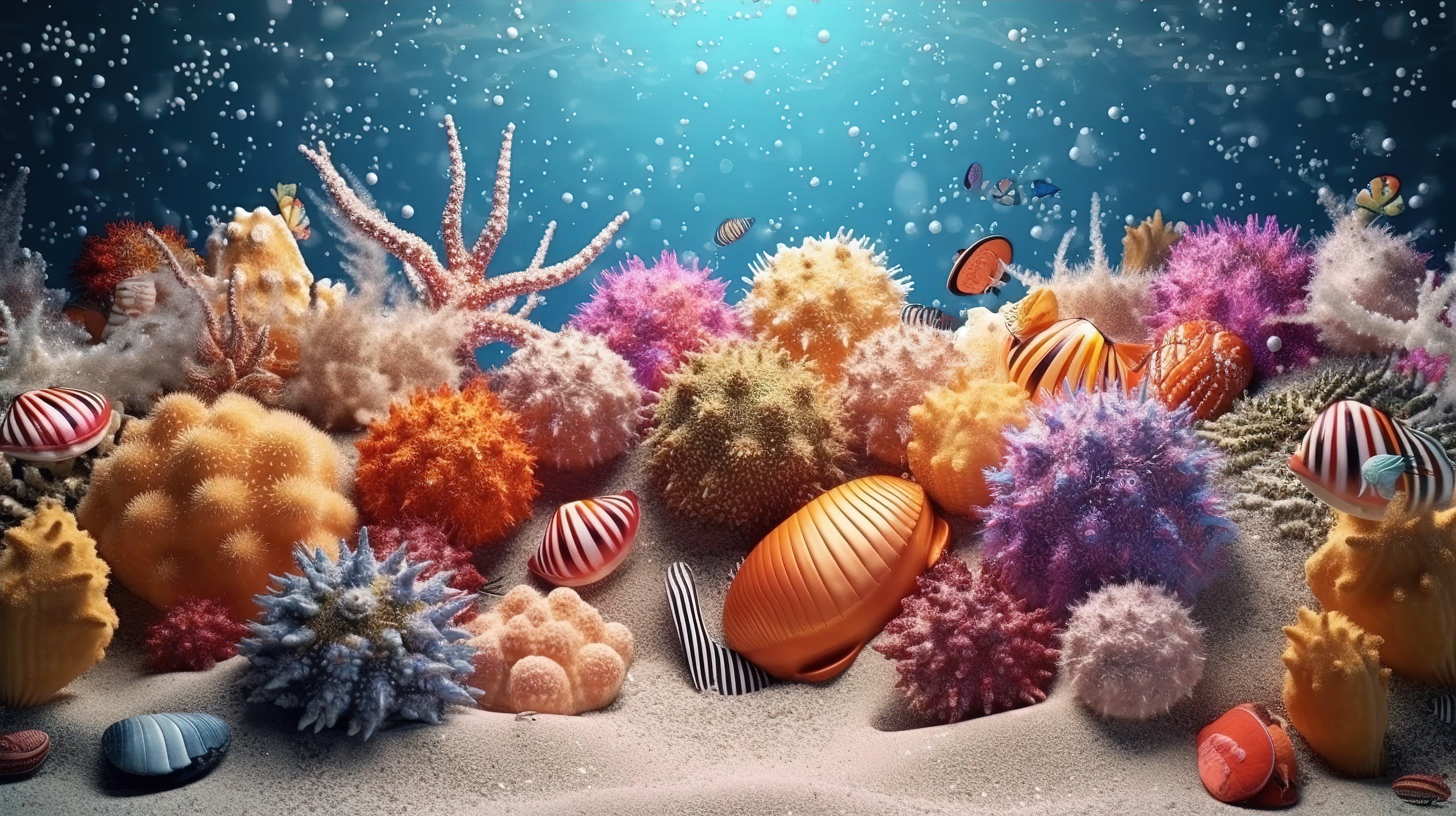 以海胆珊瑚贝和气泡为特色的海洋生物背景的 3D 渲染图片
