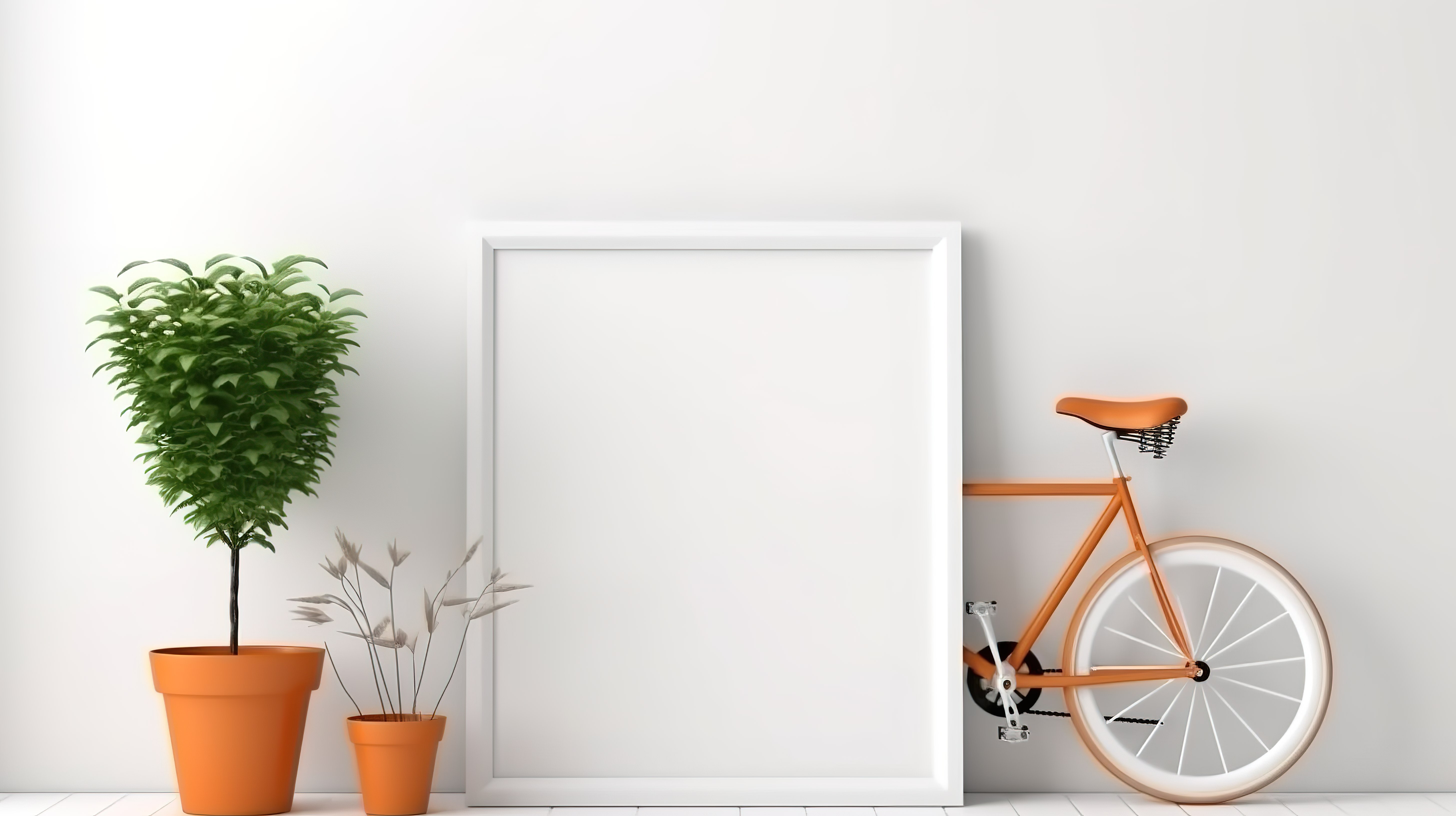 墙壁模型上的空相框和白色自行车 3D 渲染图片