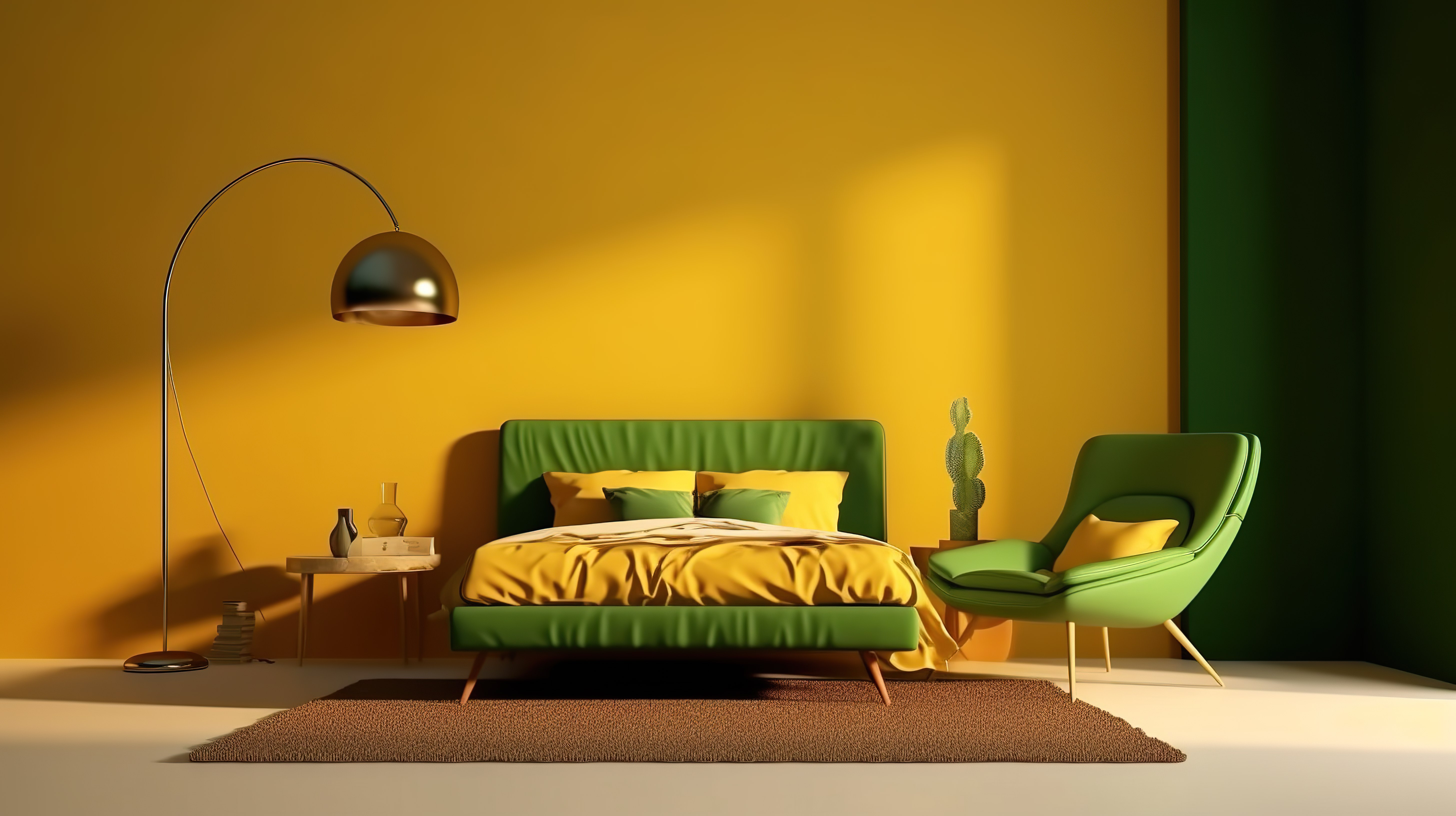 卧室里一张绿色床和黄色扶手椅的 3D 渲染，卧室里有宽敞的深黄色墙壁，用于艺术，配有落地灯图片