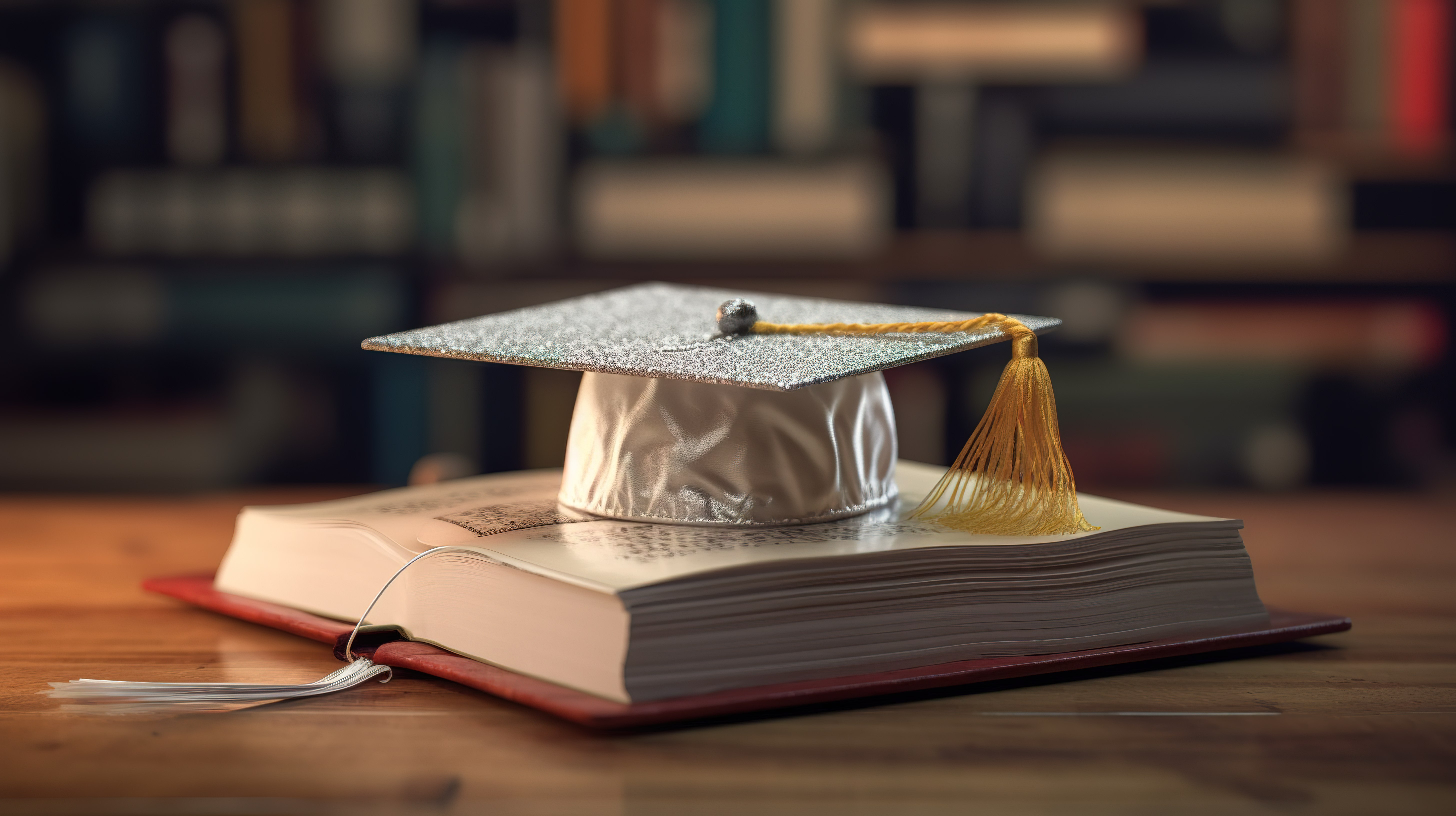 3D 渲染学位帽和有关返校季教育背景的书籍图片