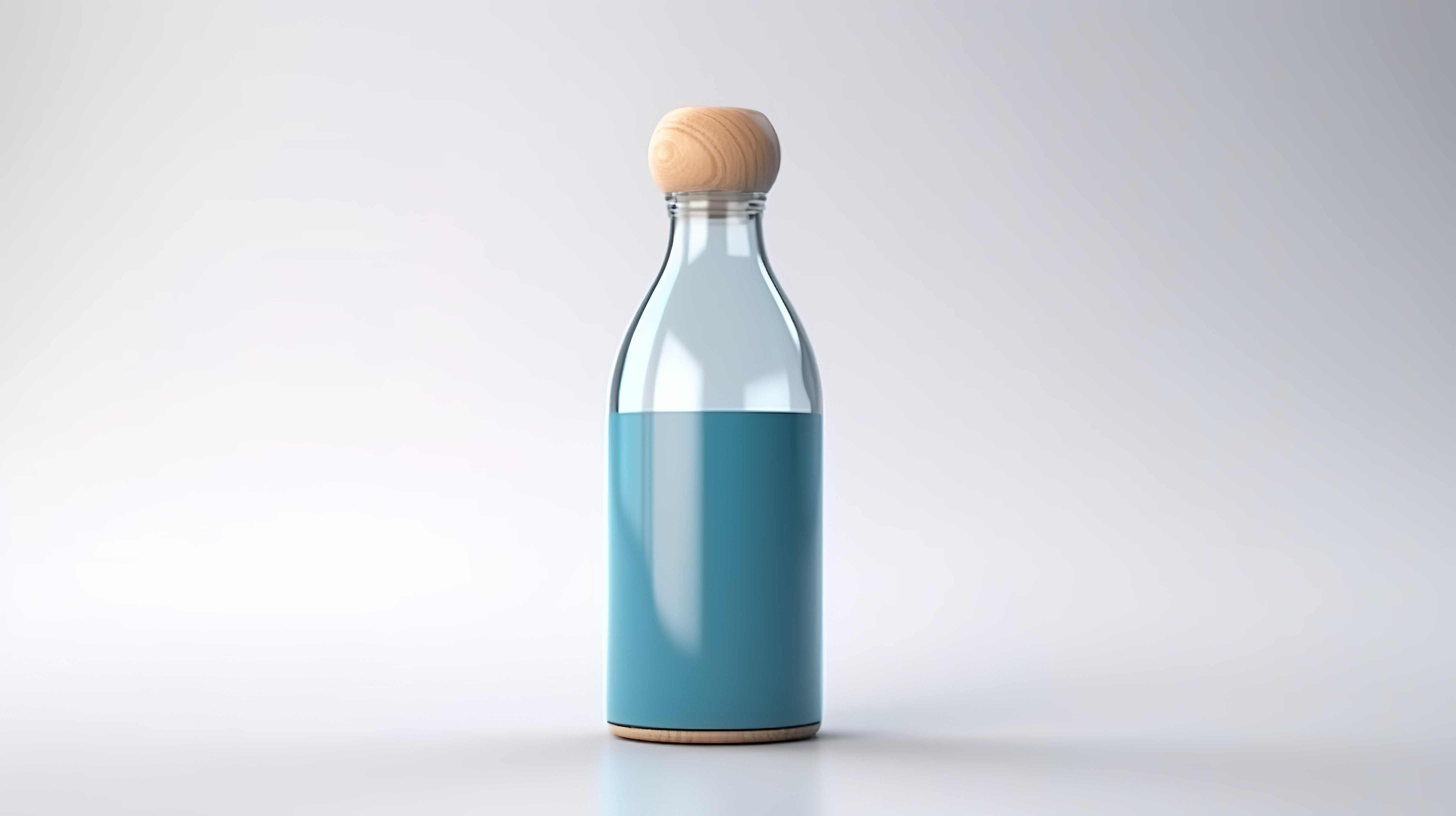 白色背景展示 3D 渲染蓝色现代瓶子，带木帽图片