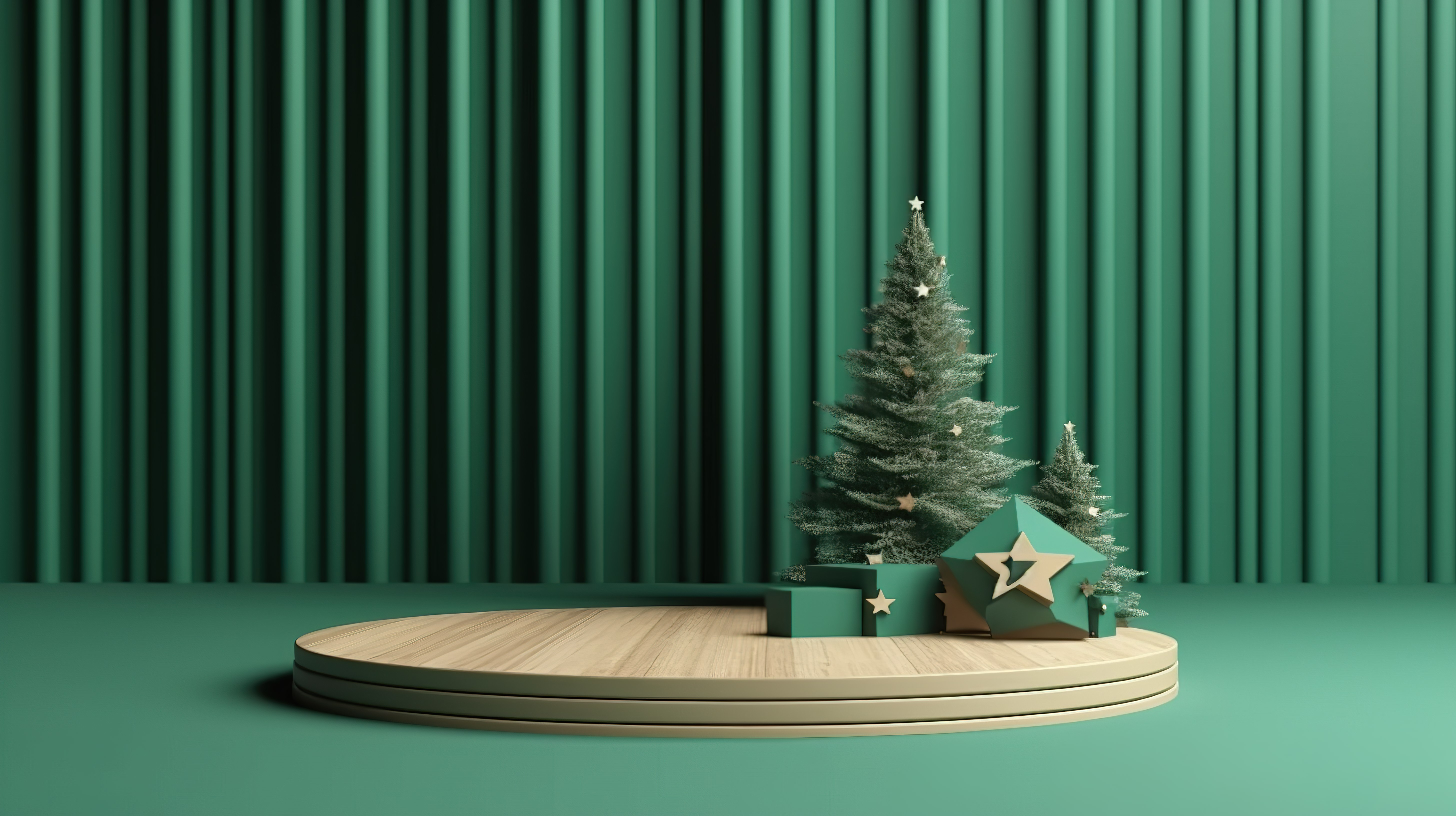 木树和星星圣诞舞台，绿色主题，非常适合促销和横幅 3D 渲染图片
