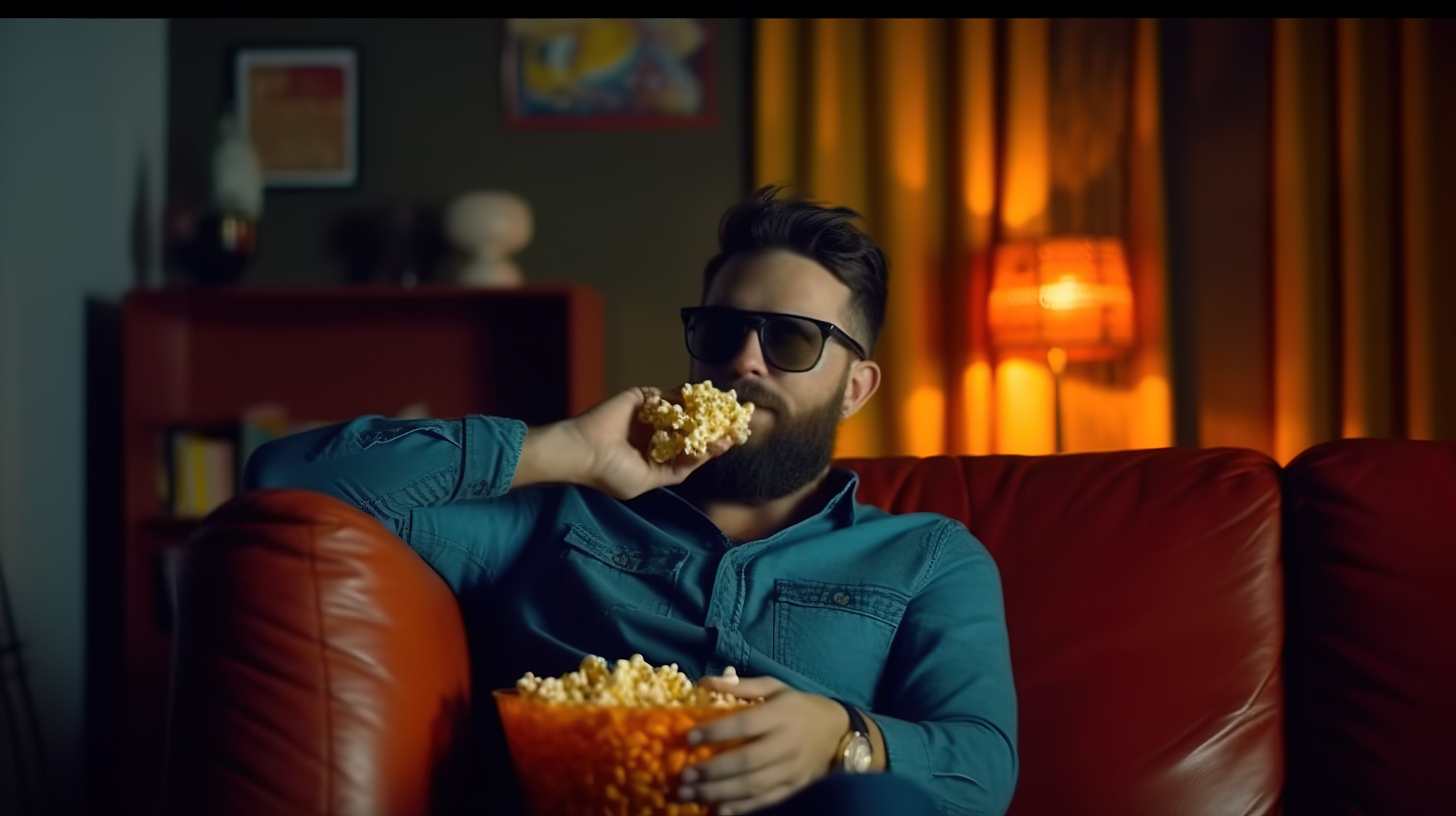 戴着大胡子男人的 3D 眼镜在沙发上享受爆米花电影之夜图片