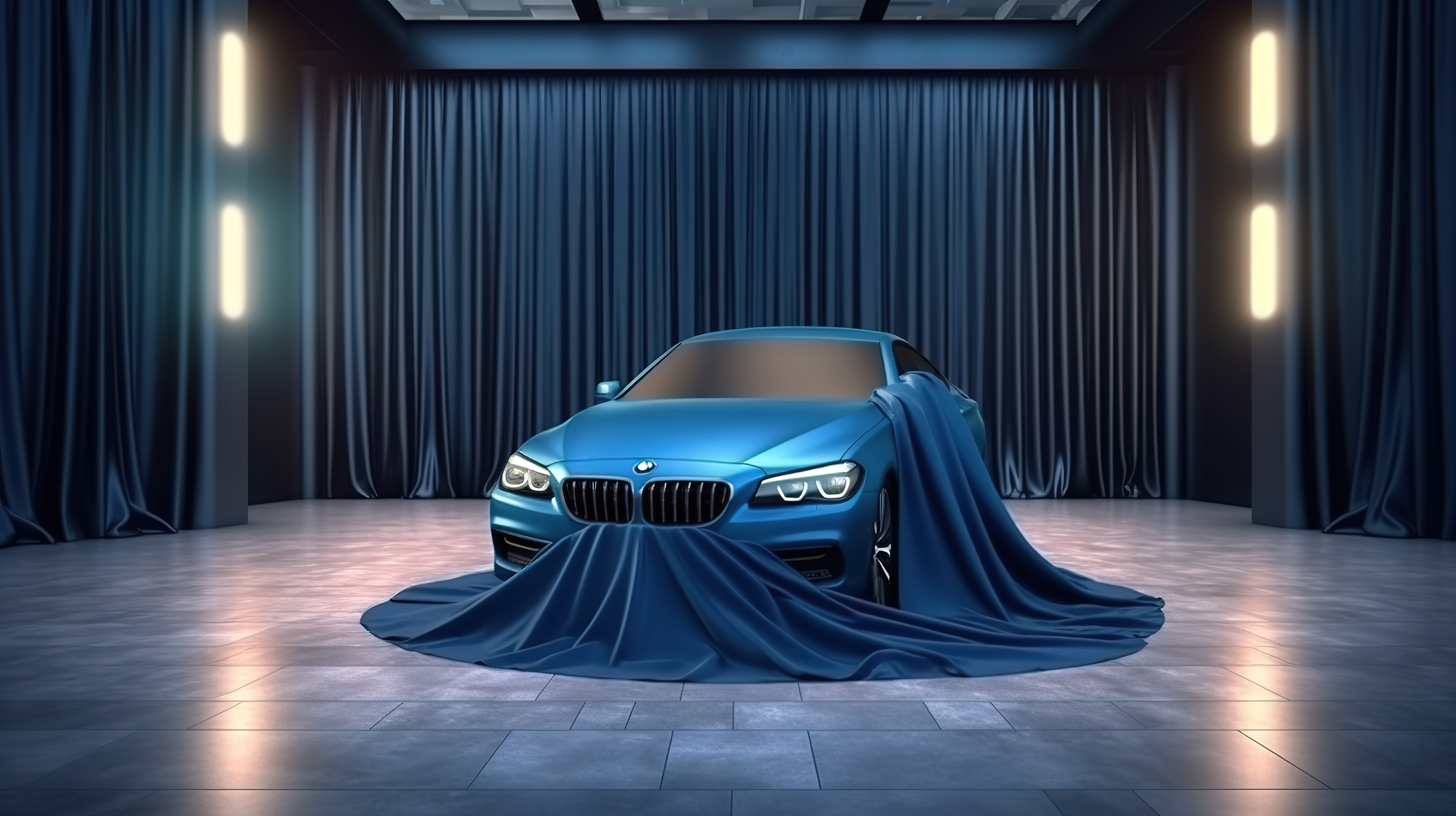 豪华车隐藏在讲台顶部的蓝色缎子窗帘中，预计通过 3D 渲染创建的首次亮相图片