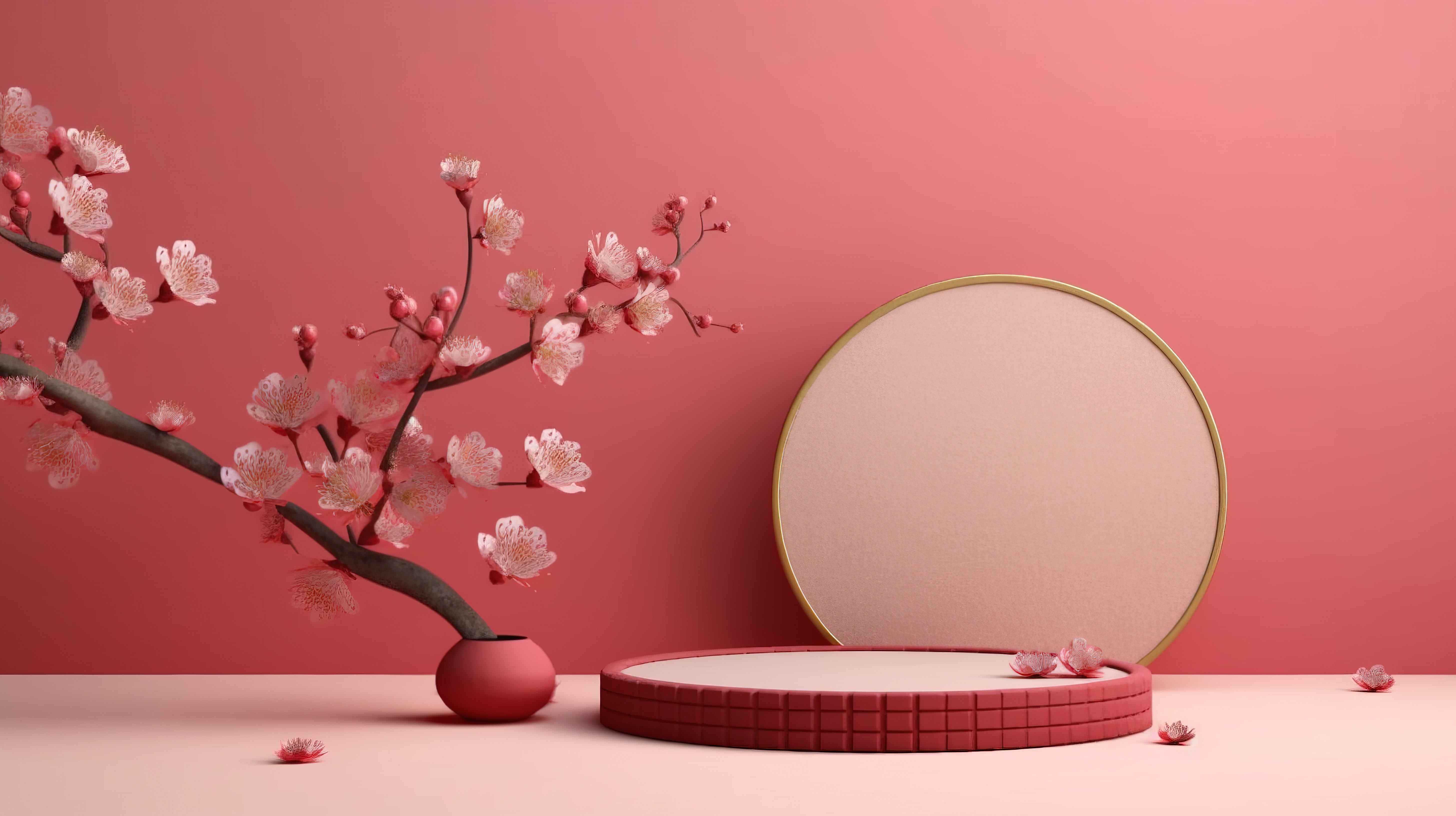 最小的中国设计，带有红色讲台和樱花背景，以 3D 形式展示产品图片