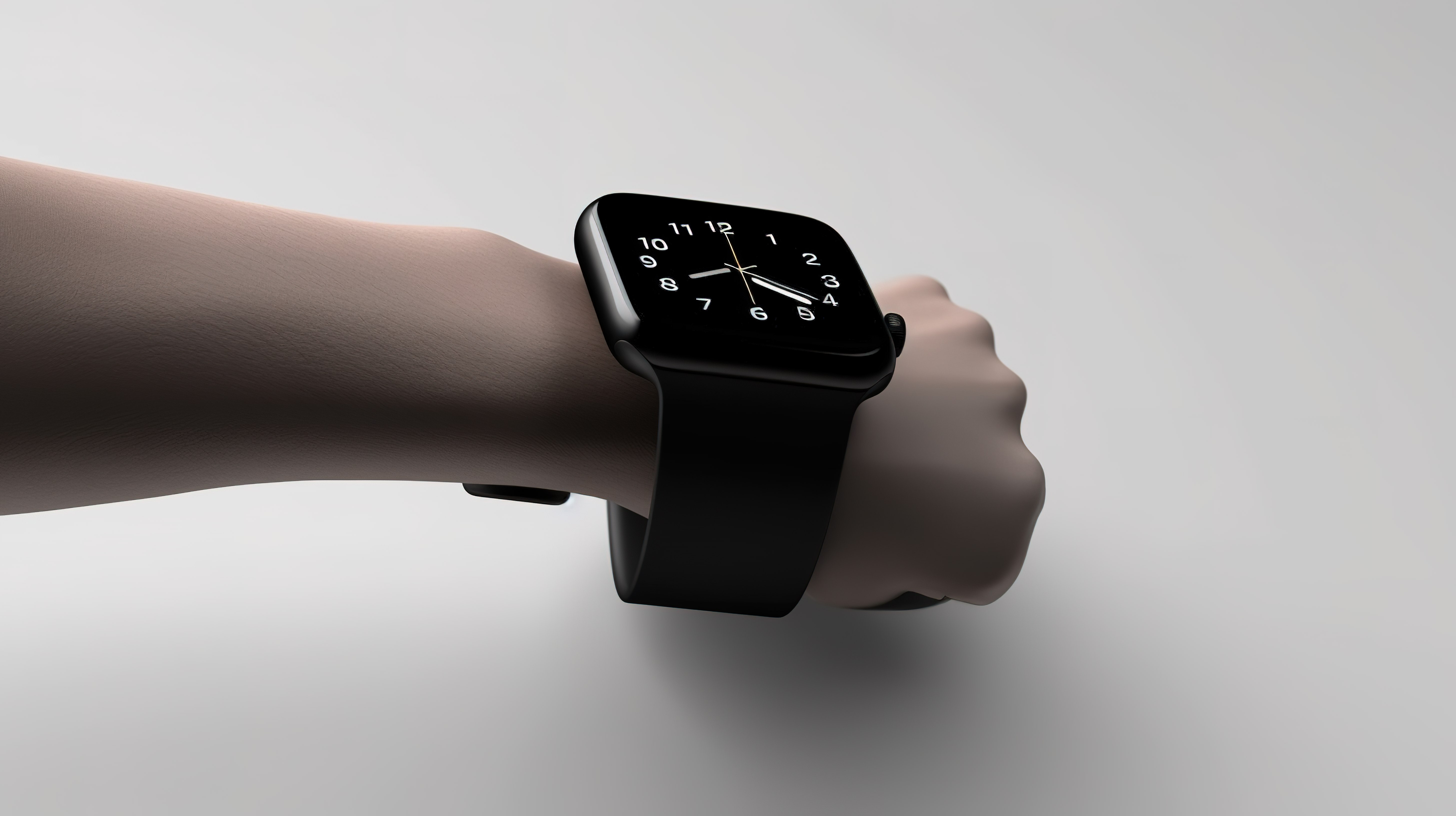 时尚黑色智能手表的模型，卡通手腕上的表带特写，以 3D 渲染图片
