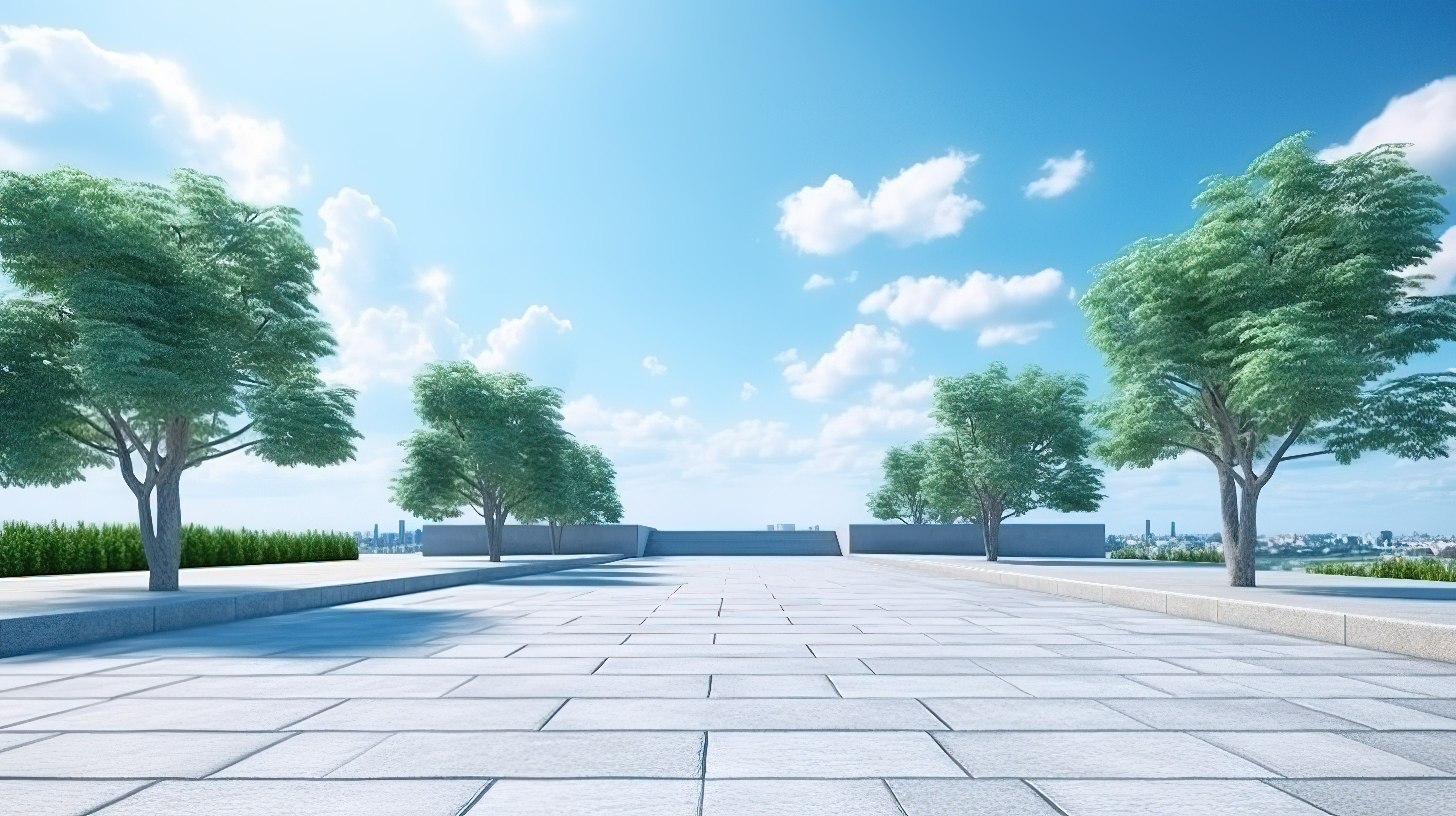 城市公园广阔的混凝土地面露天环境的 3D 表示和清澈蓝天的现代设计图片