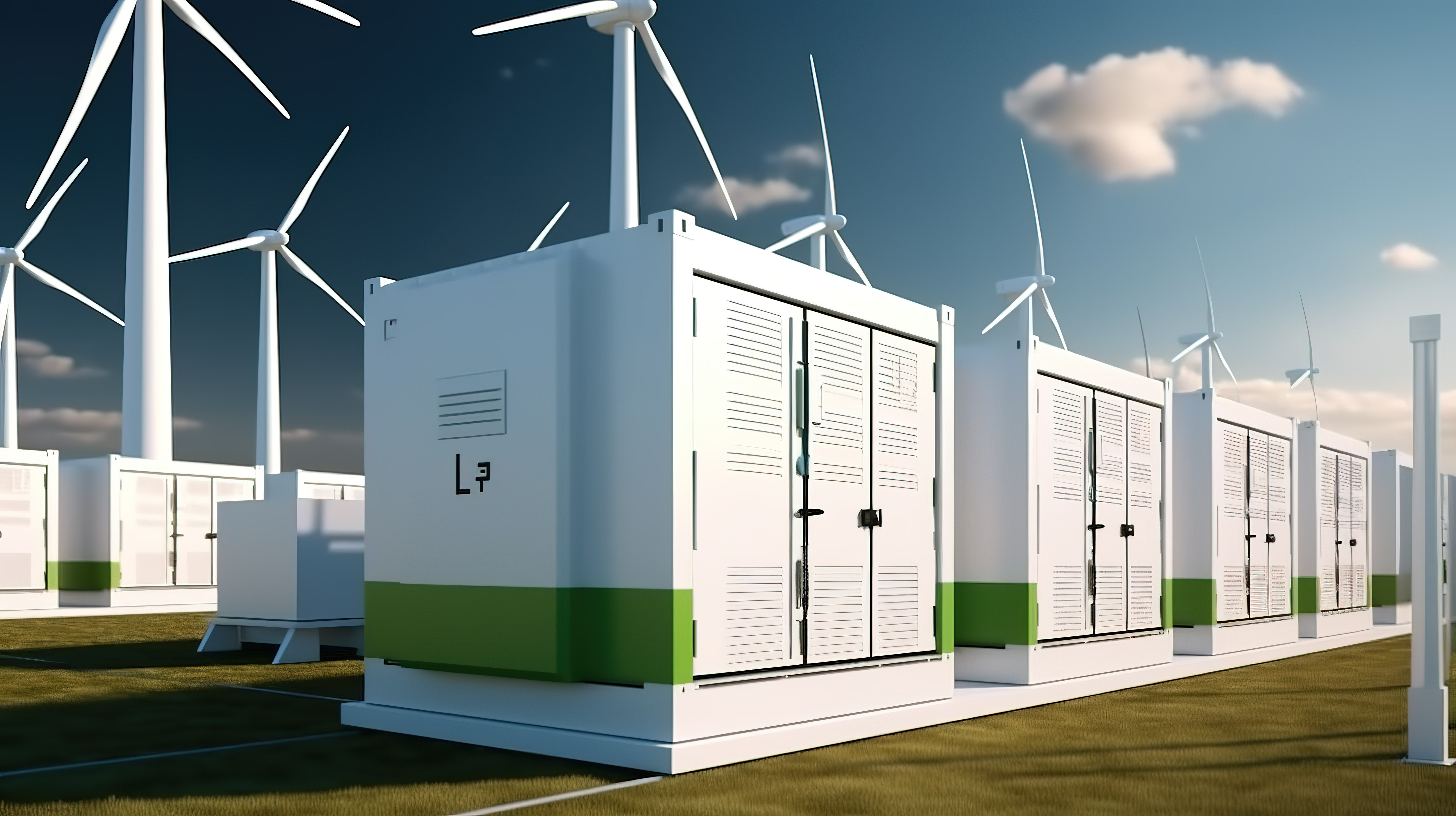 三维渲染图描绘了利用光伏发电和风力涡轮机以及用于可持续能源的电池容器的储能系统可再生发电厂图片