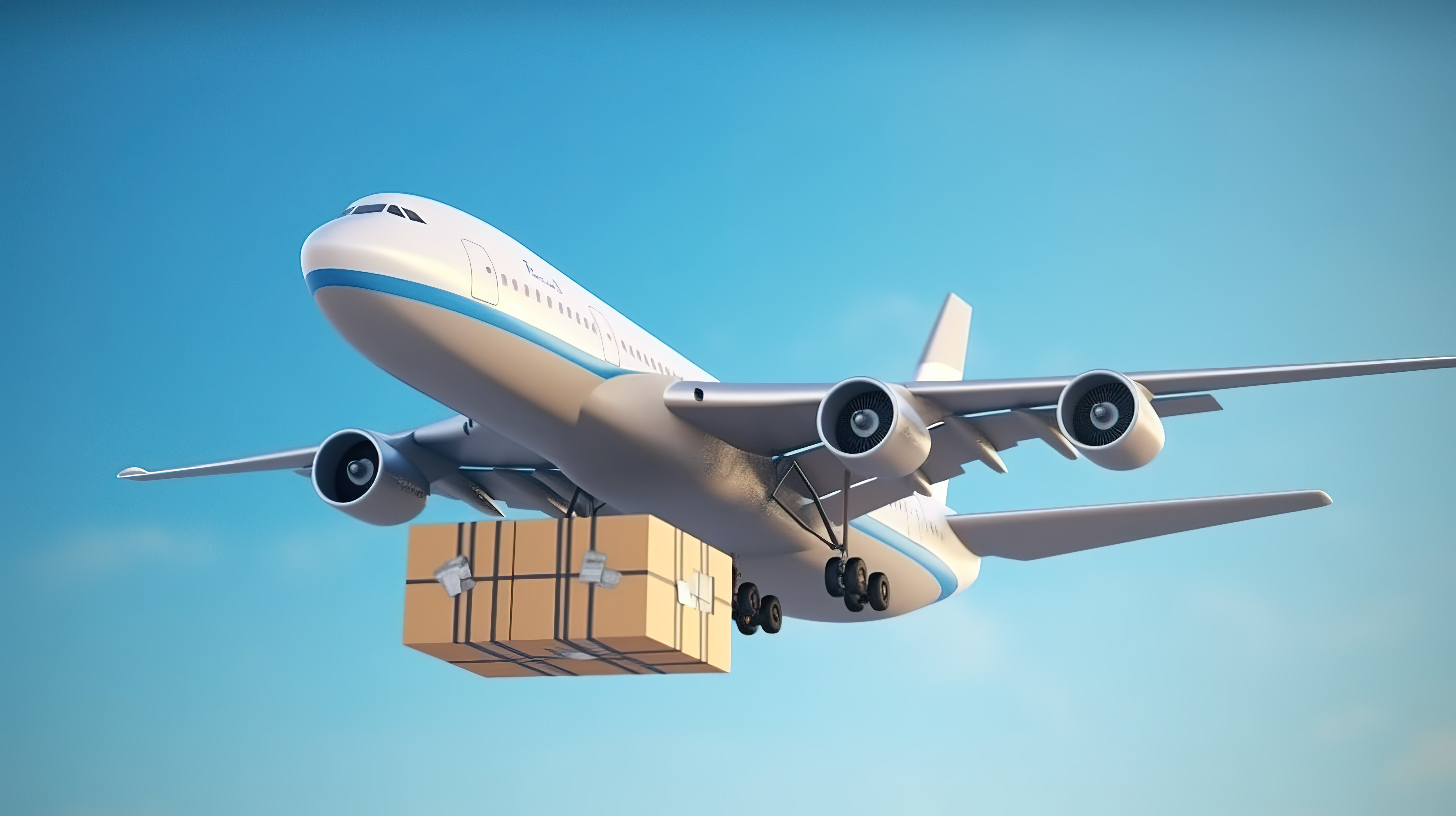 蓝天背景下以纸箱包裹形式运送货物的商用工业喷气式飞机的 3D 渲染图片
