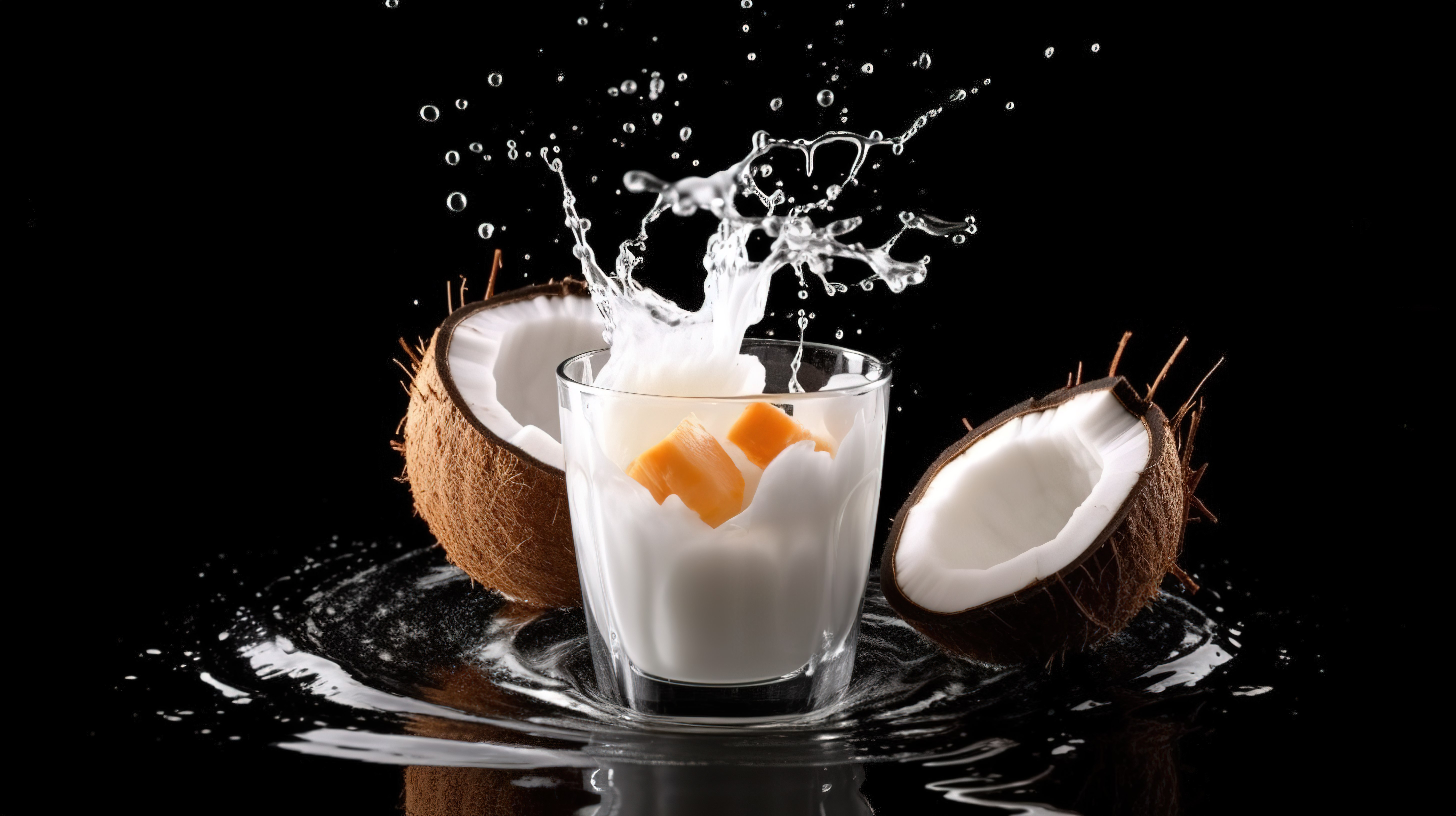 黑色背景上新鲜椰子的椰子汁的 3D 渲染图片
