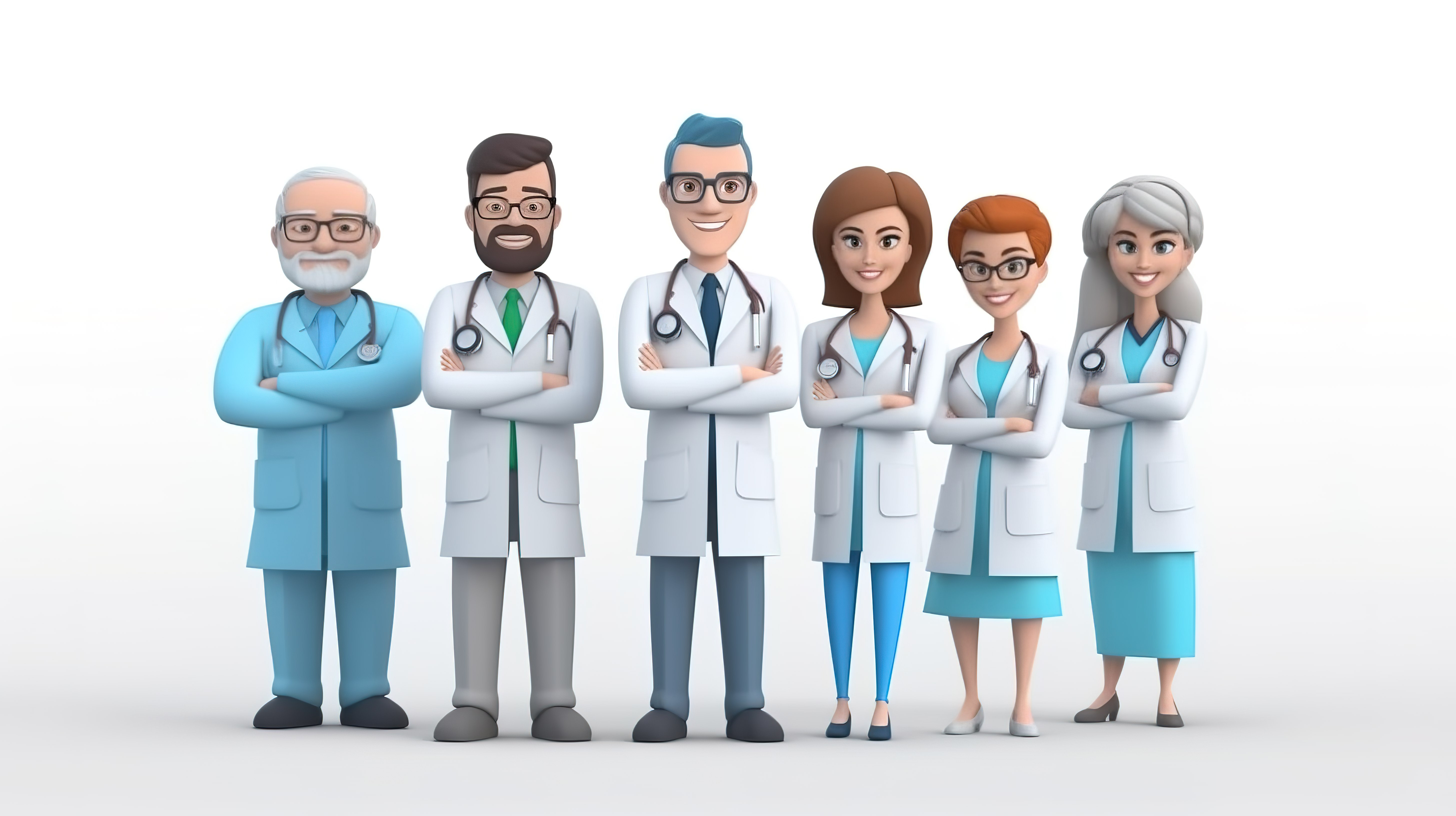 卡通风格的医疗团队由一组医生专家和一位主任医师组成，以 3D 形式说明图片