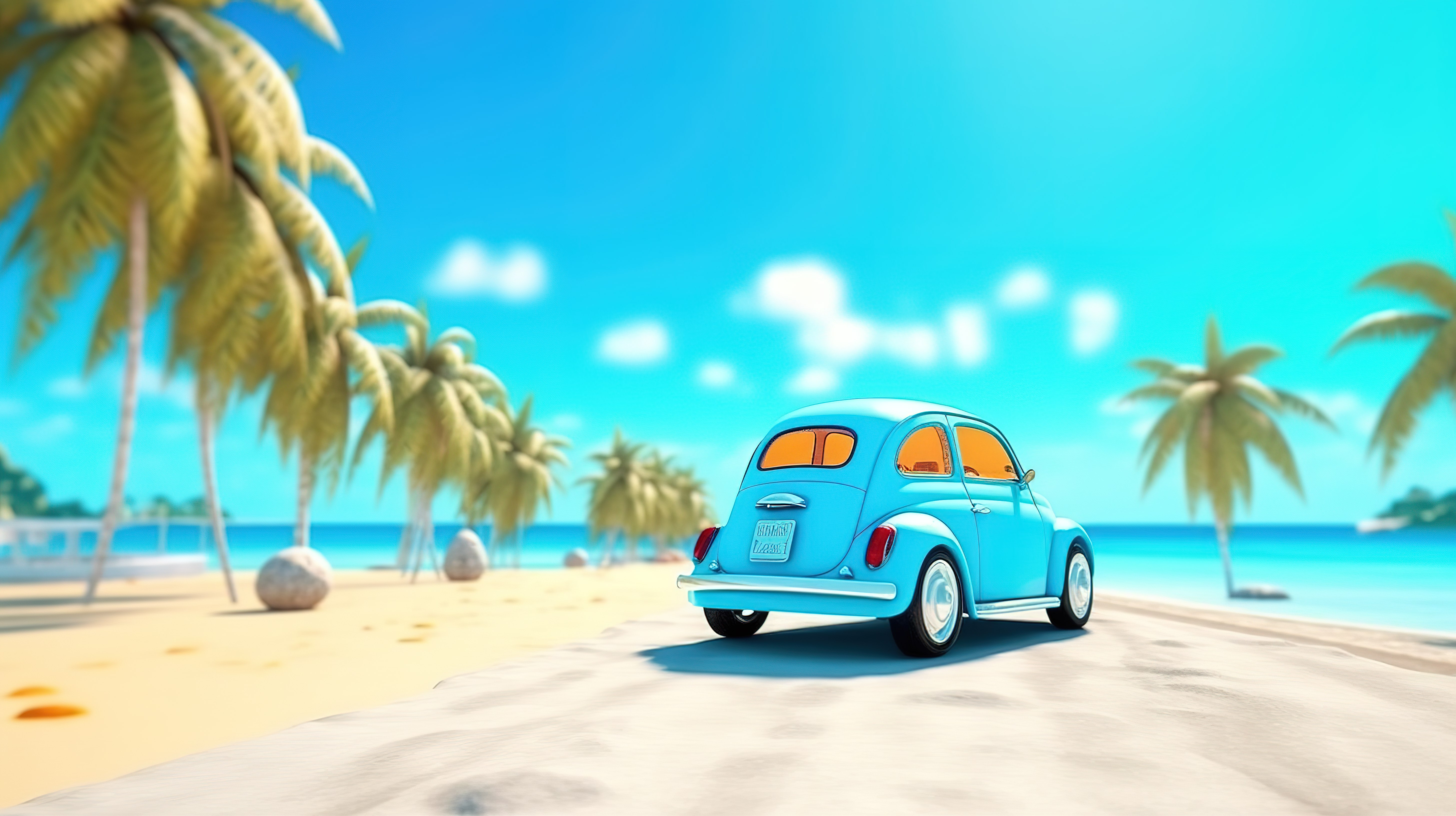 卡通风格的 3D 渲染蓝海椰子树和海滩路上的汽车完美的暑假图片