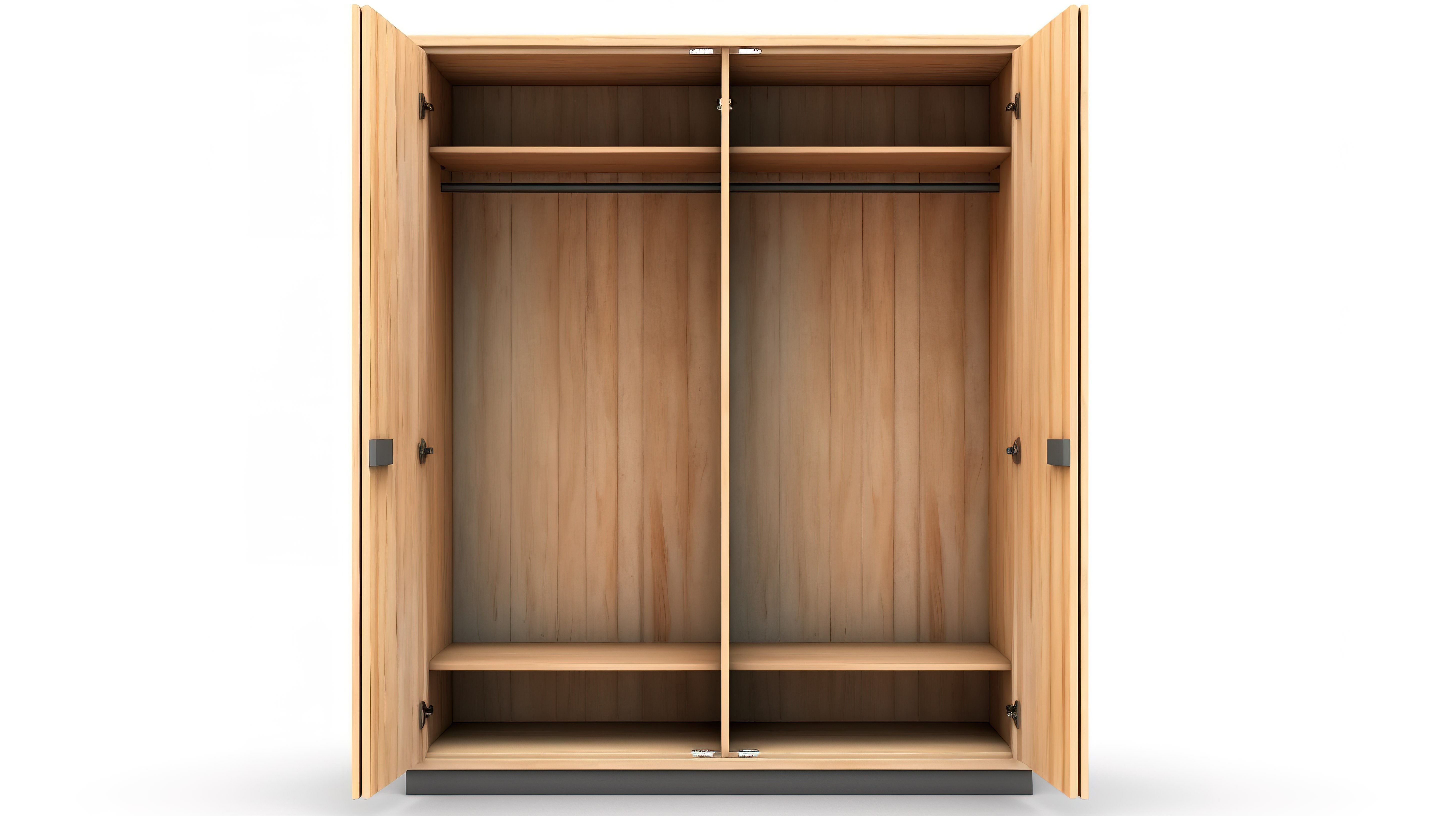 白色背景的 3D 插图，带有一个打开且空的独立木制衣柜图片