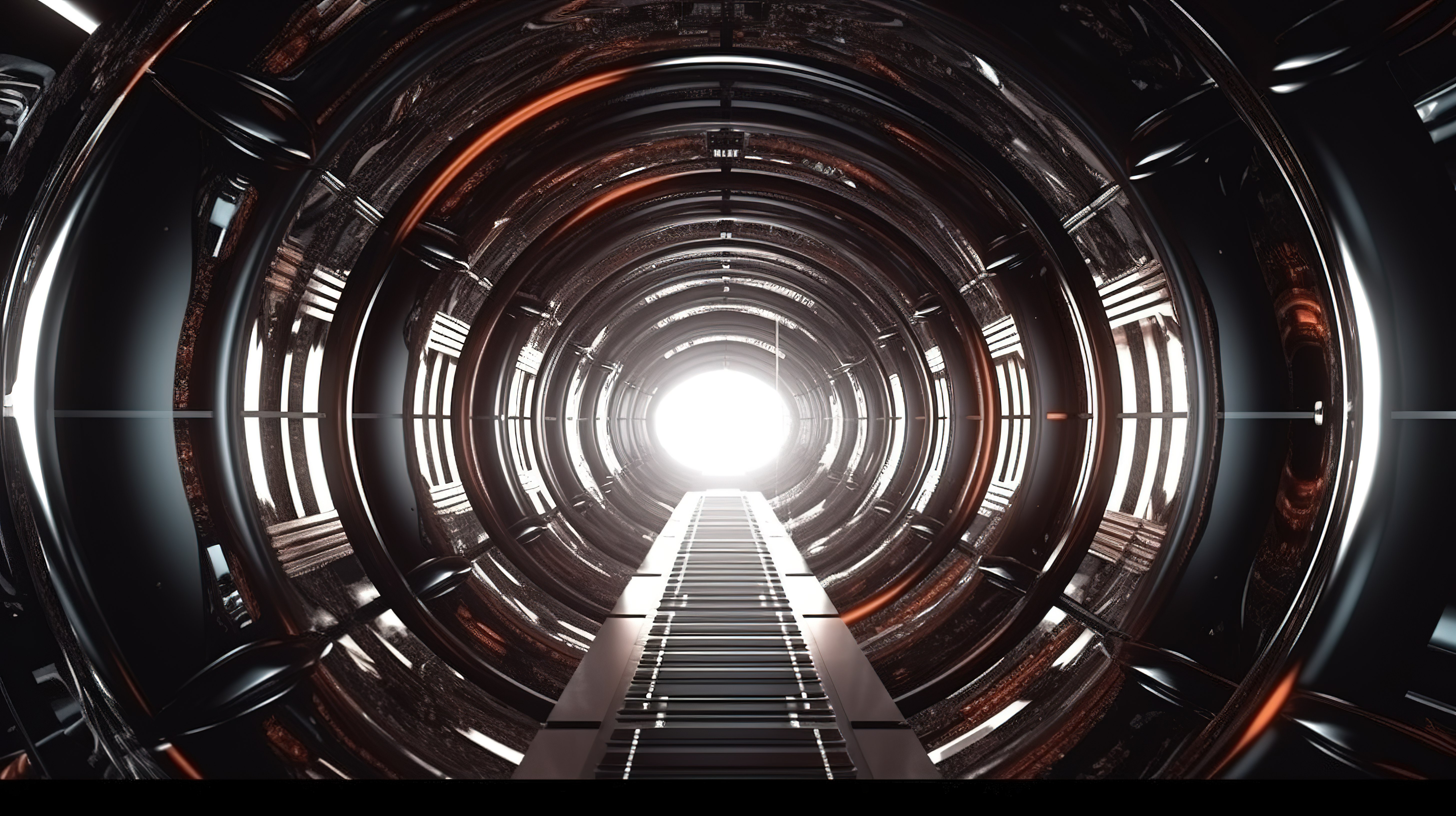 未来时光隧道的 3D 渲染，由闪亮的银色金属制成，末端带有发光的光线图片