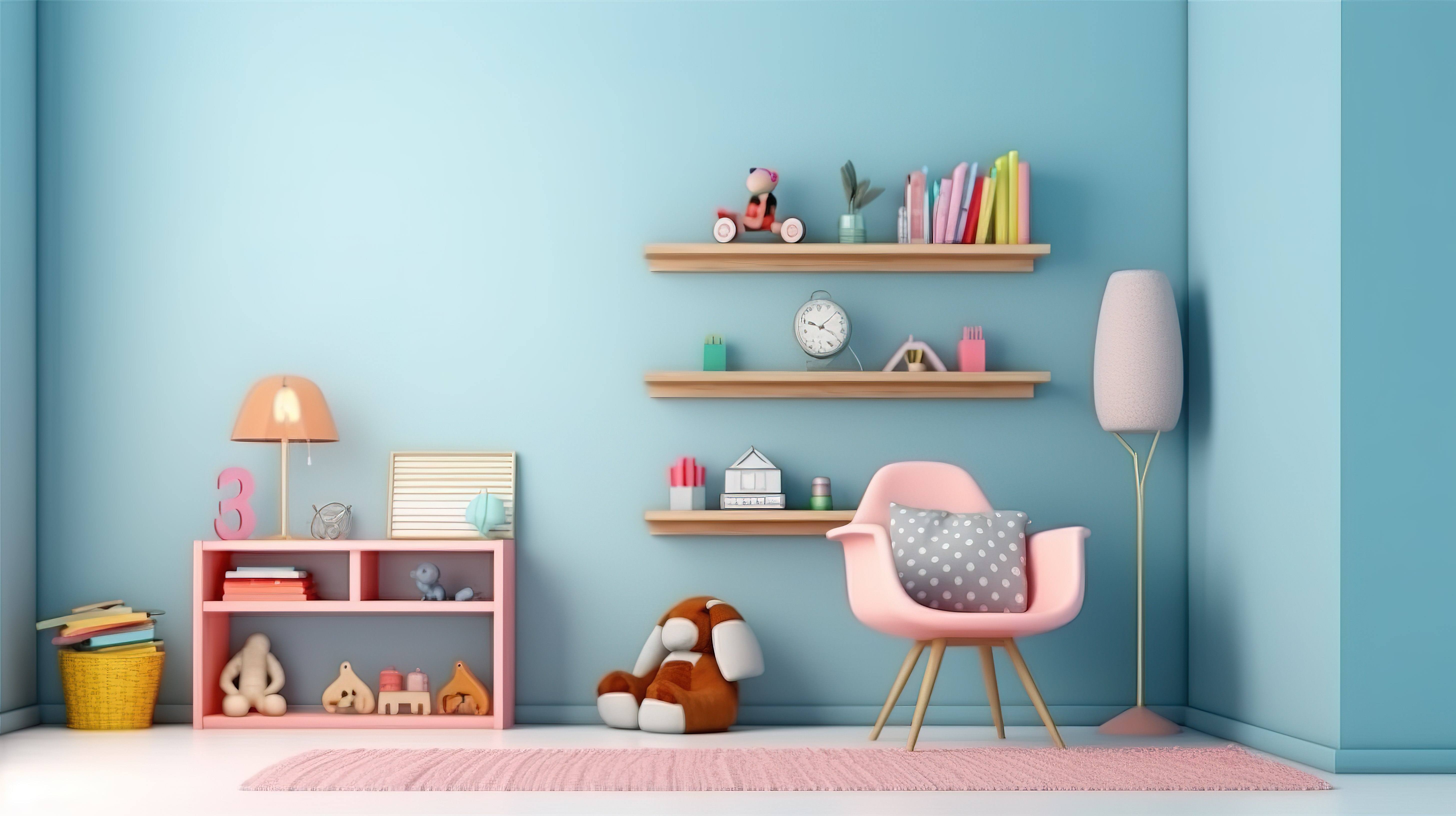 浅蓝色墙壁室内儿童房装饰的 3D 渲染图片