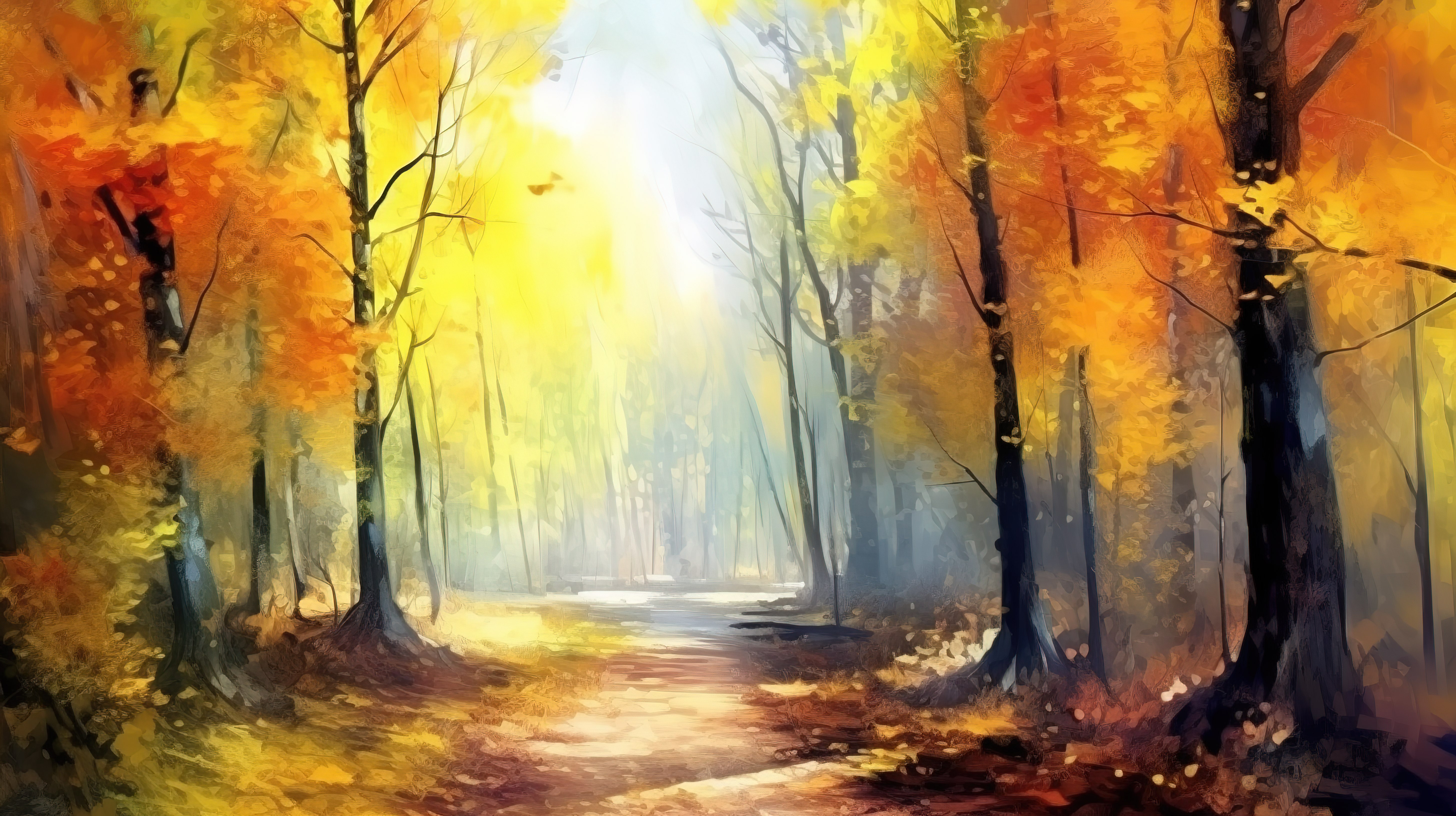 抽象水彩画中秋季森林景观中路径的生动 3D 插图图片