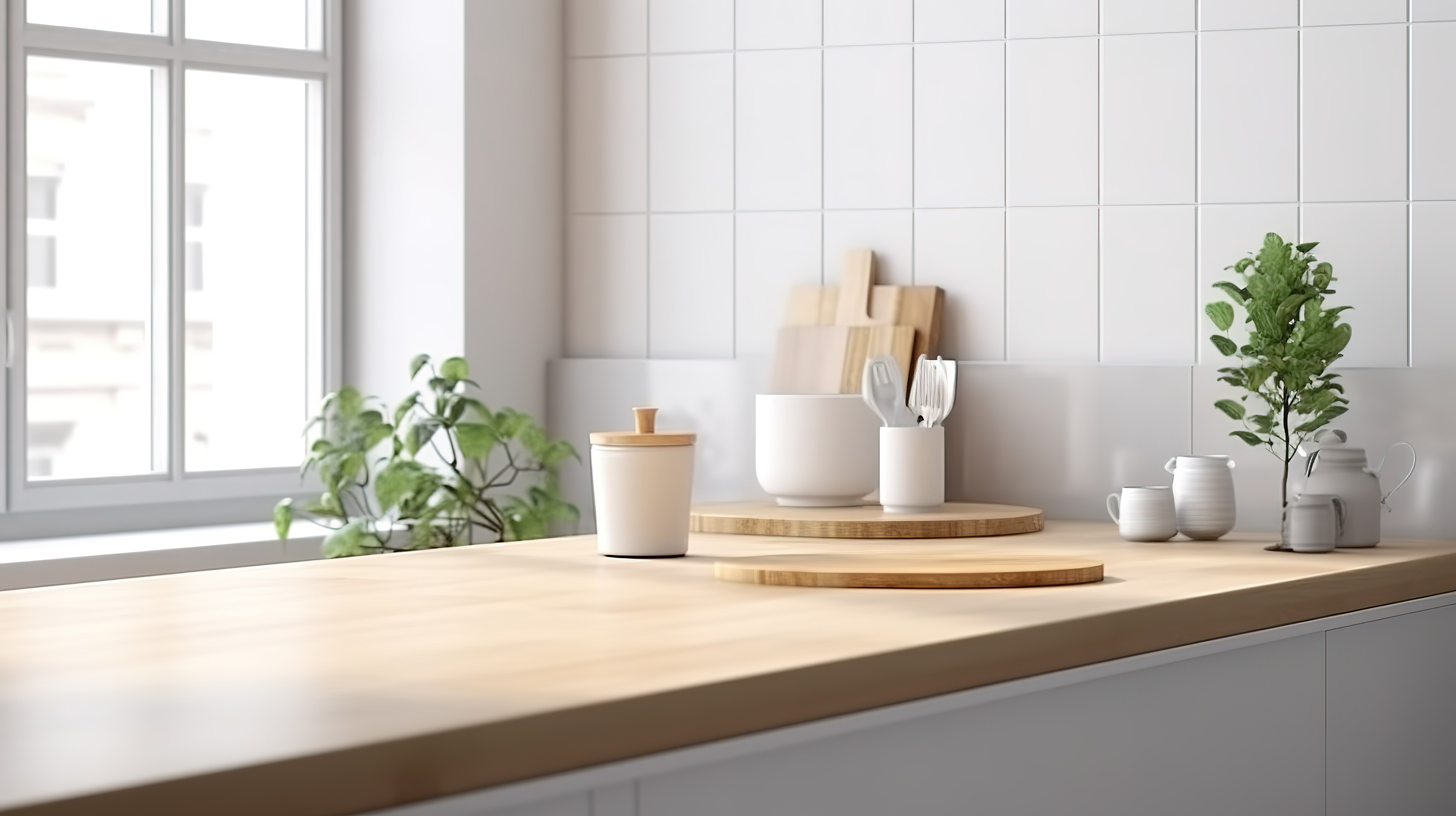 3D 渲染的简约斯堪的纳维亚厨房台面非常适合放置在厨房空间图片