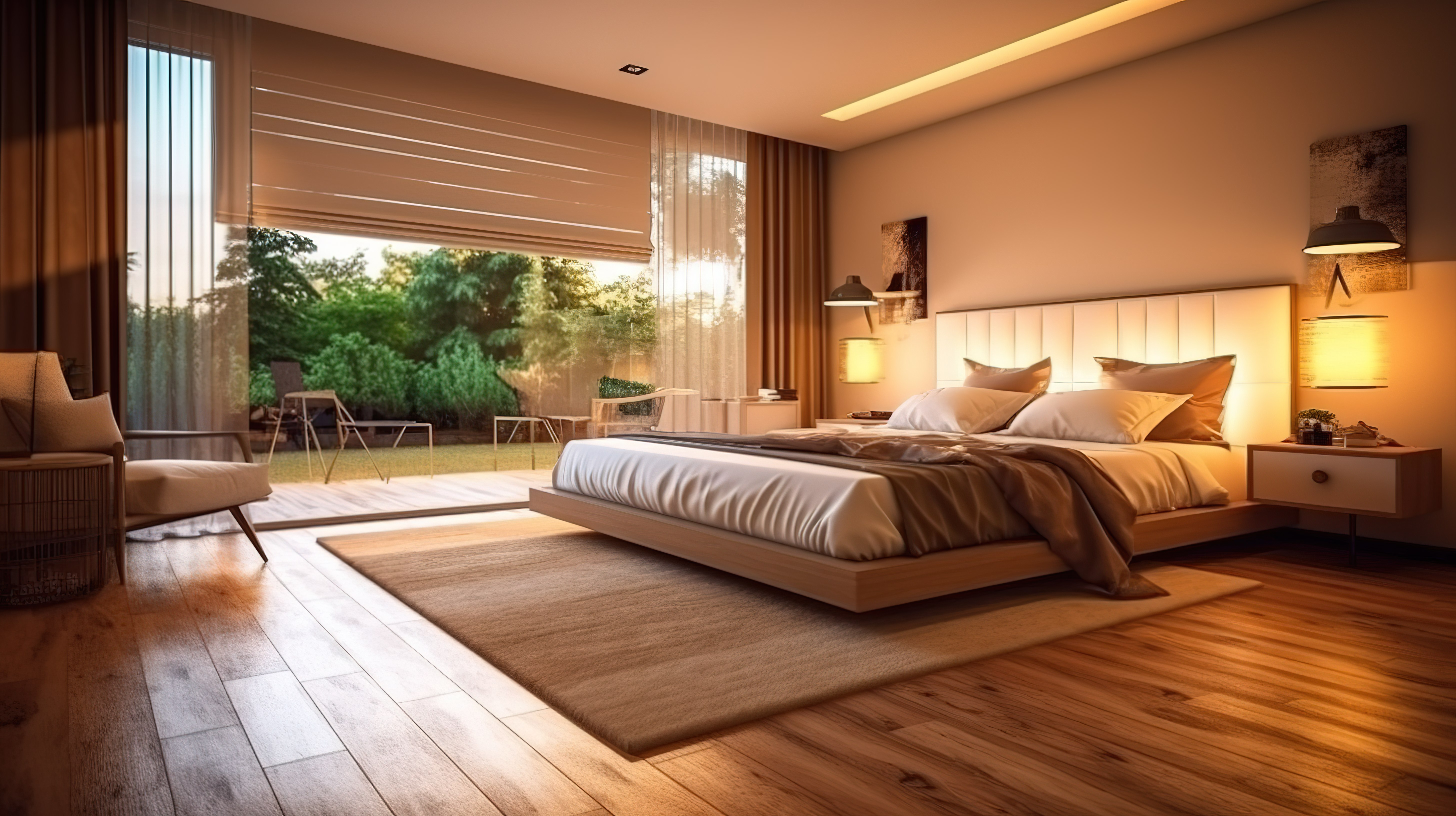 镶木地板设计卧室的 3D 渲染，自然光照亮空间图片