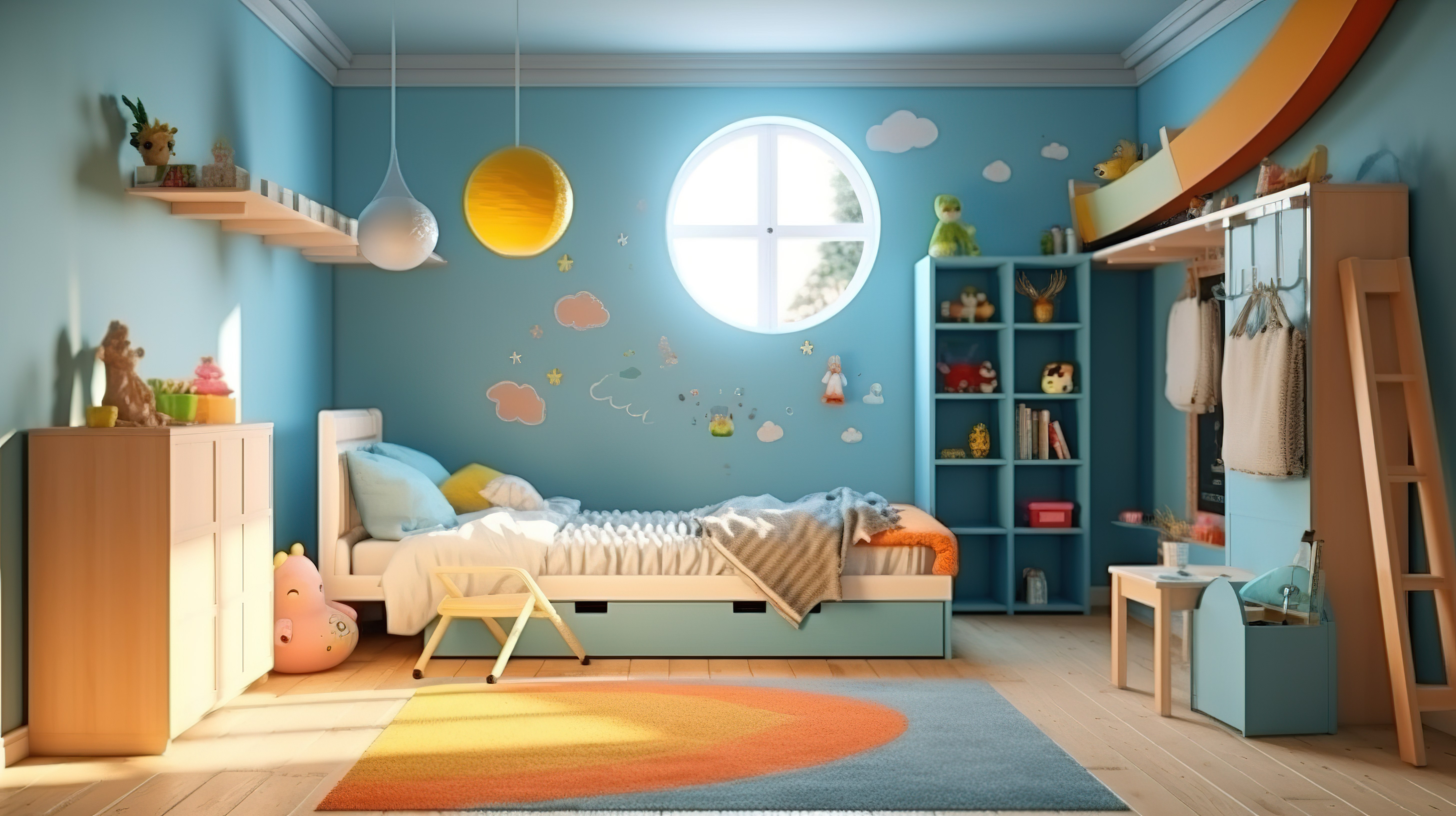 家庭或公寓中舒适卧室或儿童房的 3D 渲染图片