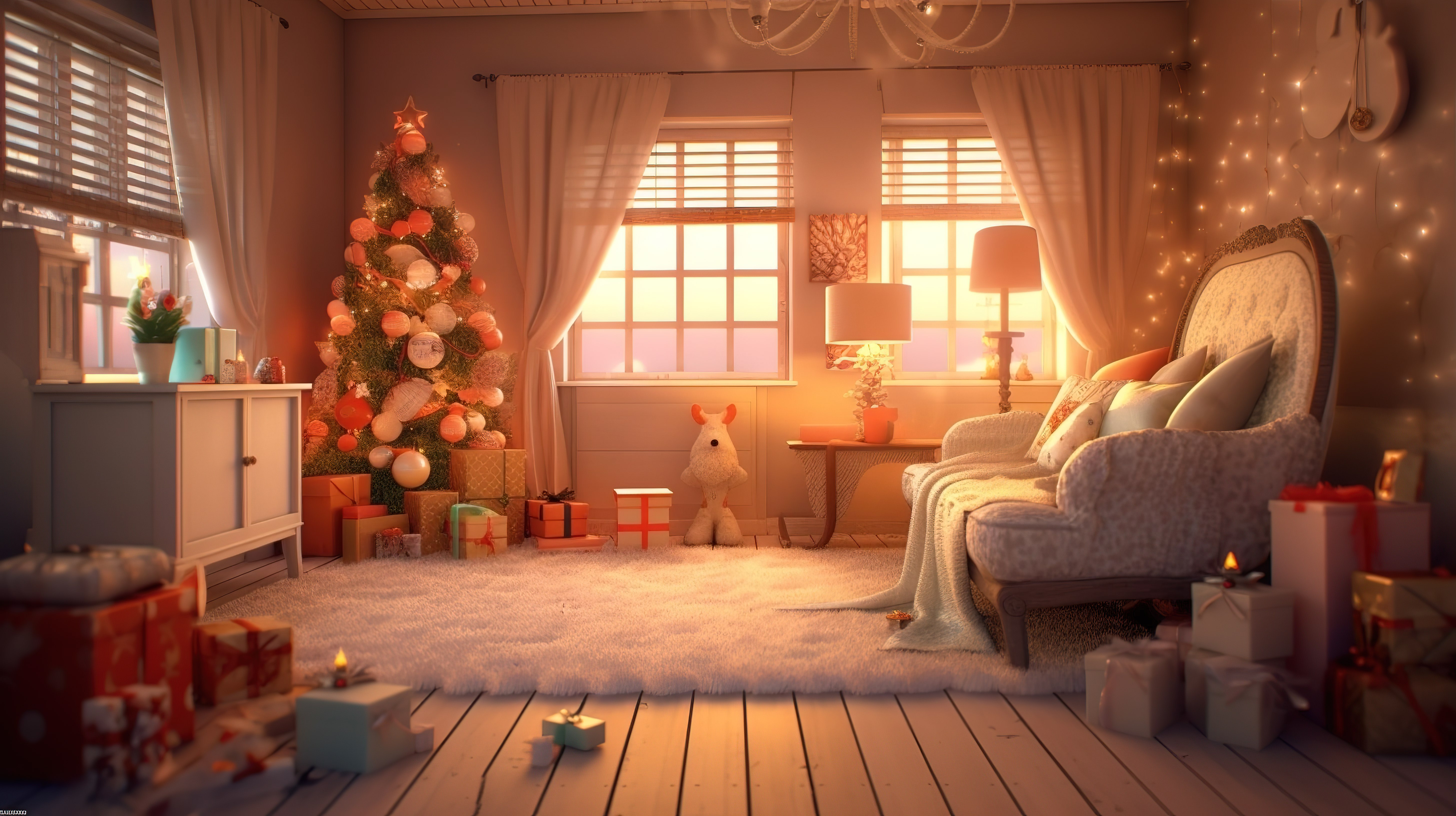 节日假期天堂装饰精美的圣诞房间的 3D 渲染图片