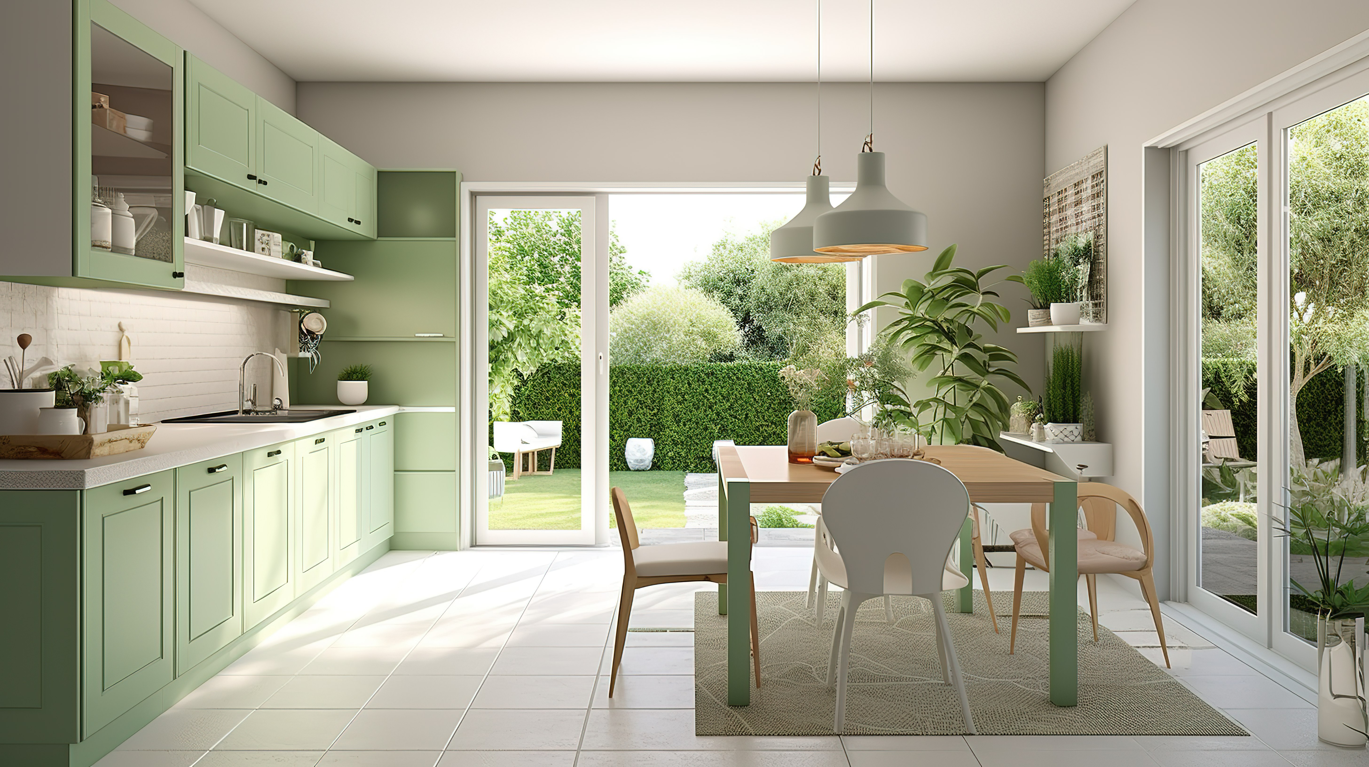 当代乡村别墅内部设有浅绿色厨房露台通道门和郁郁葱葱的花园 3D 渲染图像图片