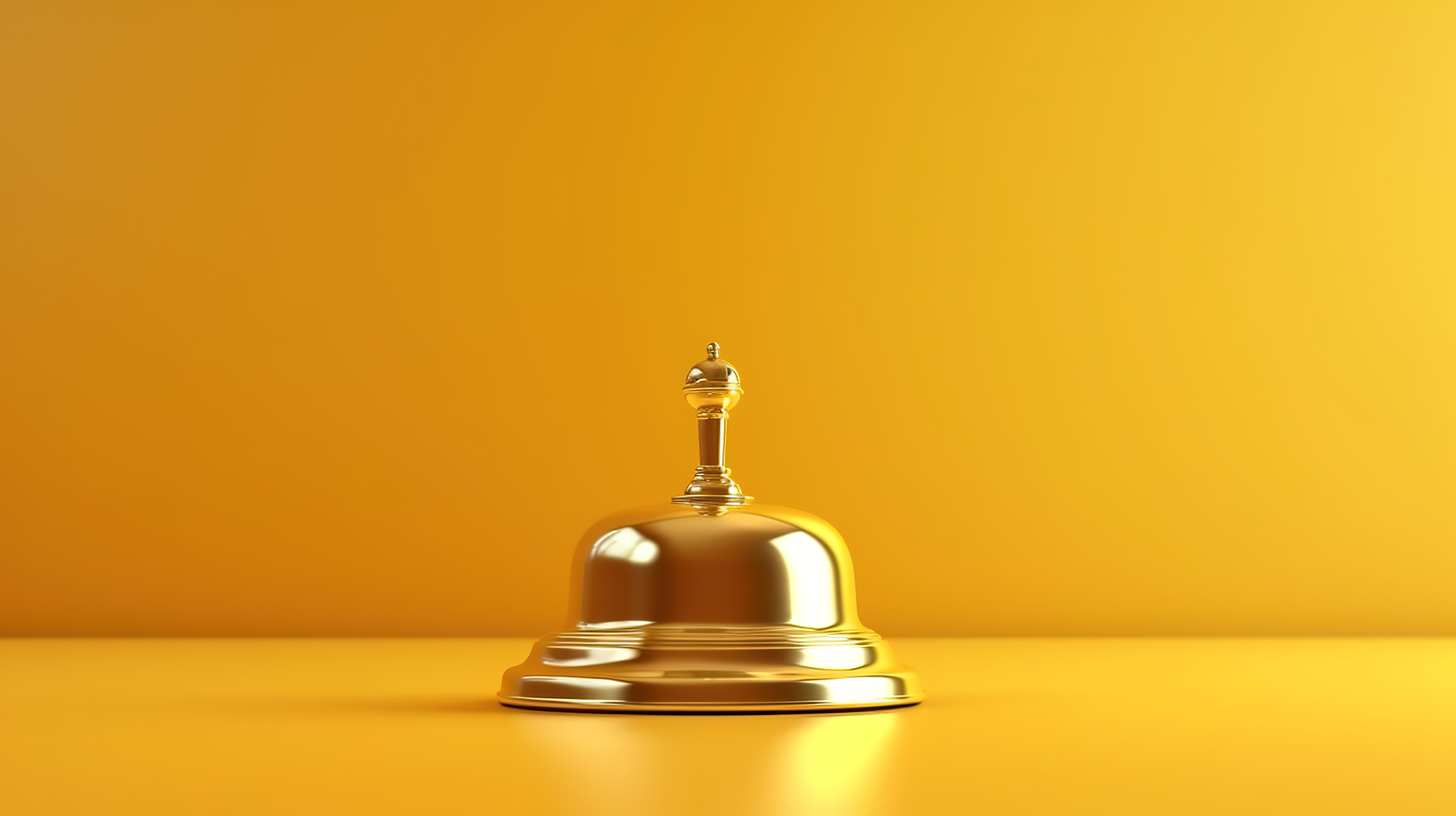 金色展台上的豪华酒店钟声与充满活力的黄色背景 3D 渲染图片