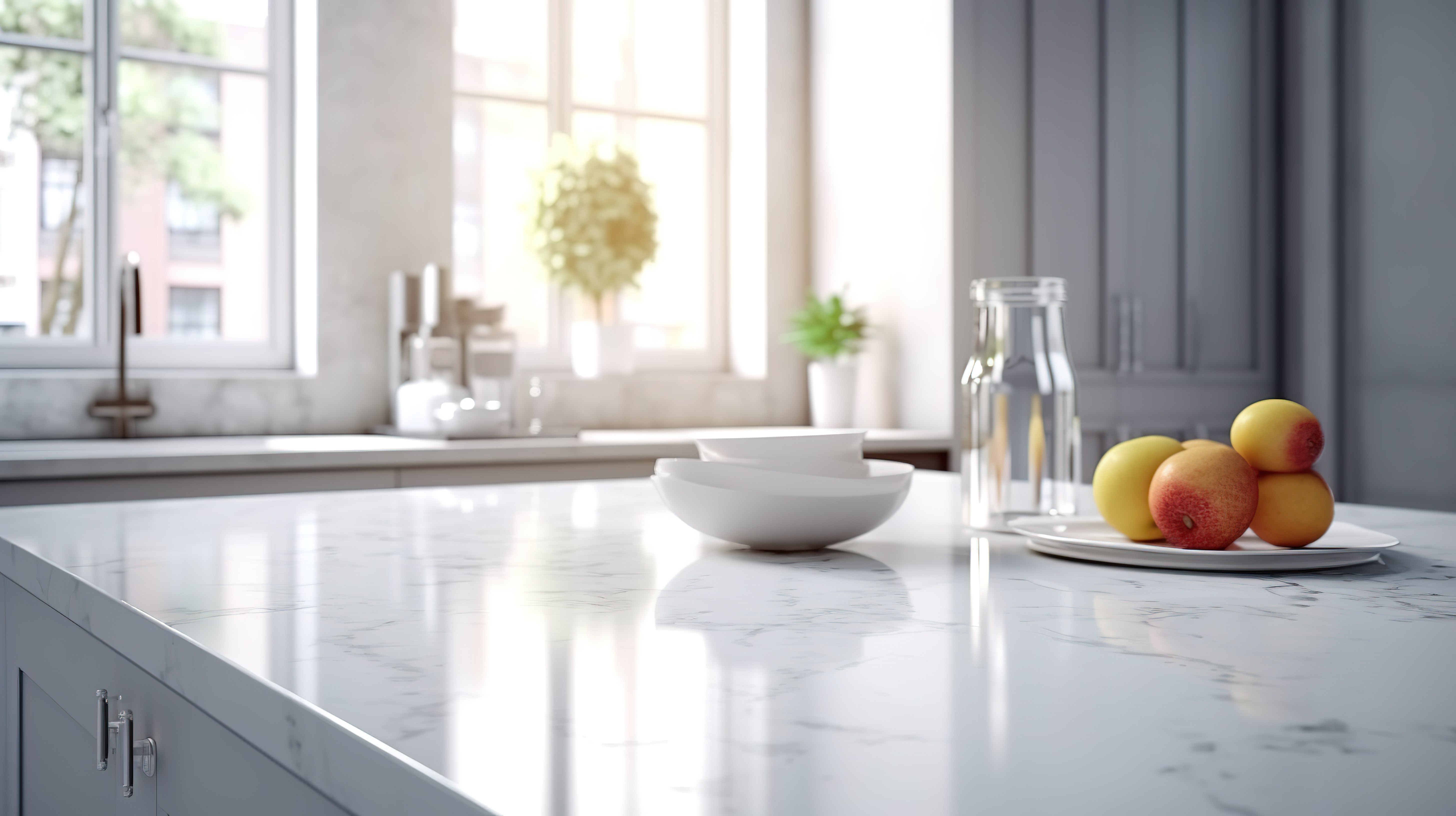 白色台面特写完美适合模糊明亮的现代厨房背景上的 3D 蒙太奇图片