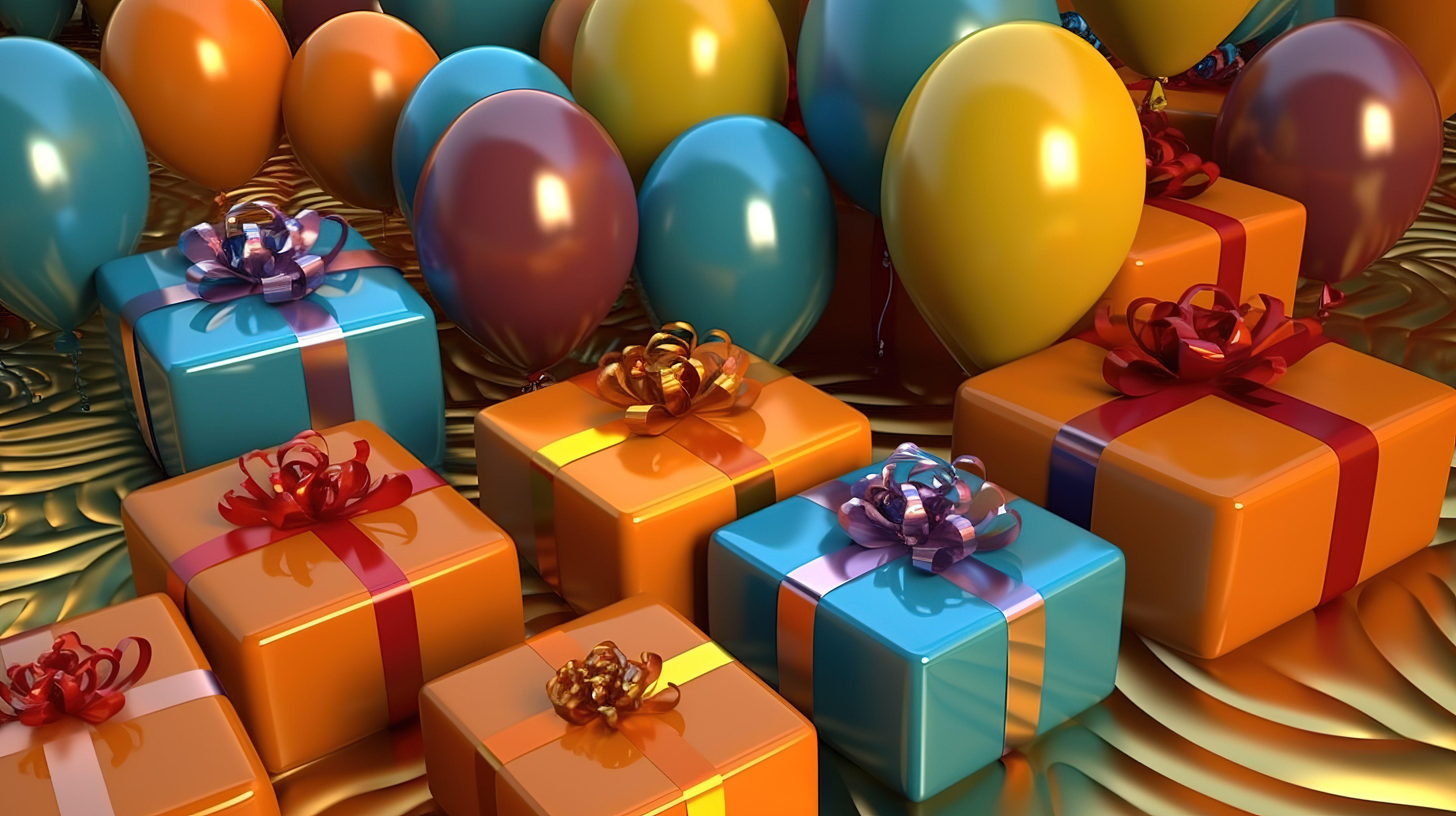 节日气球和礼品盒的 3d 渲染图片