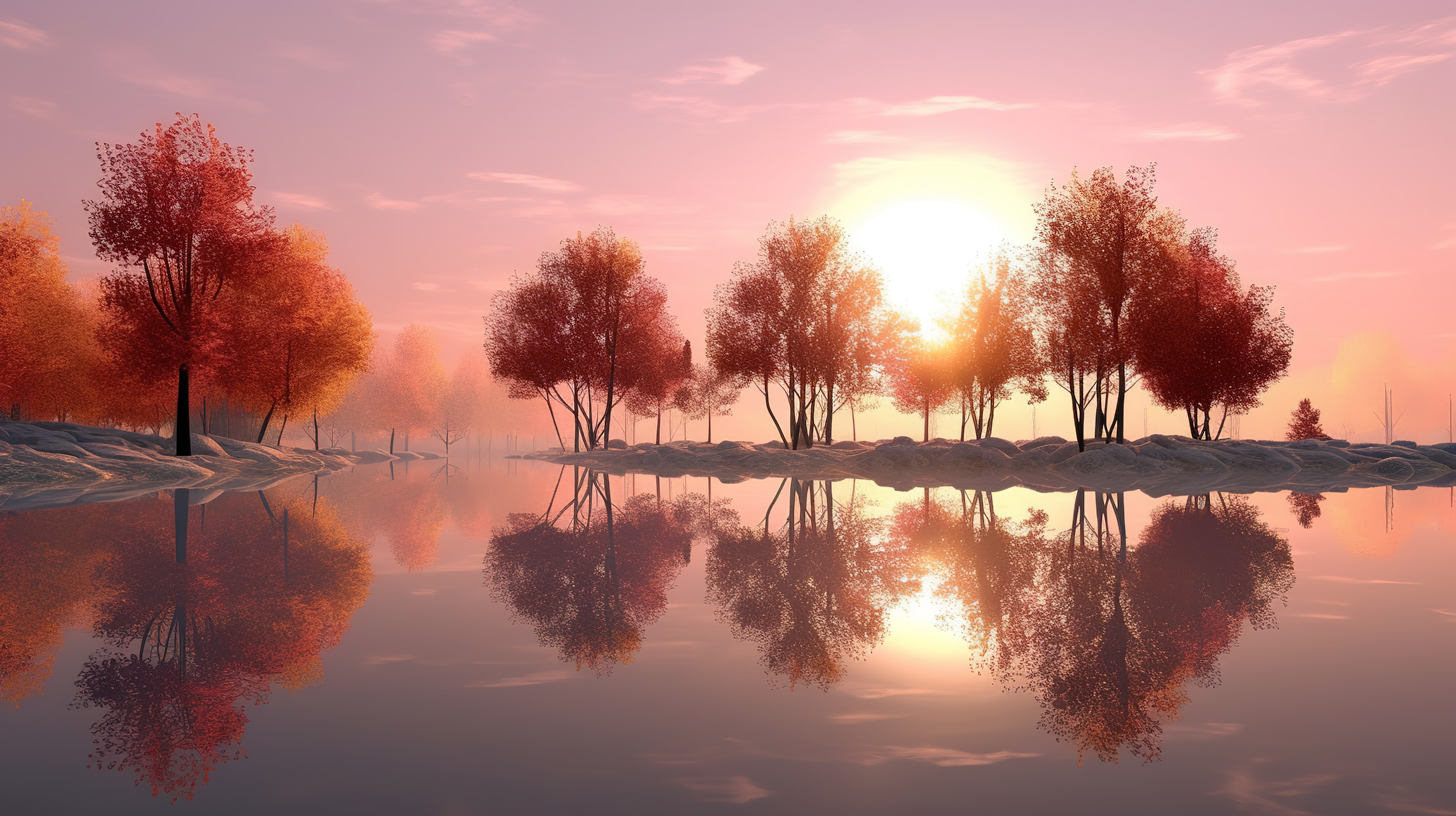 日出时宁静的湖泊景观的令人惊叹的 3D 渲染，以粉红色的树木和金色的草为特色图片