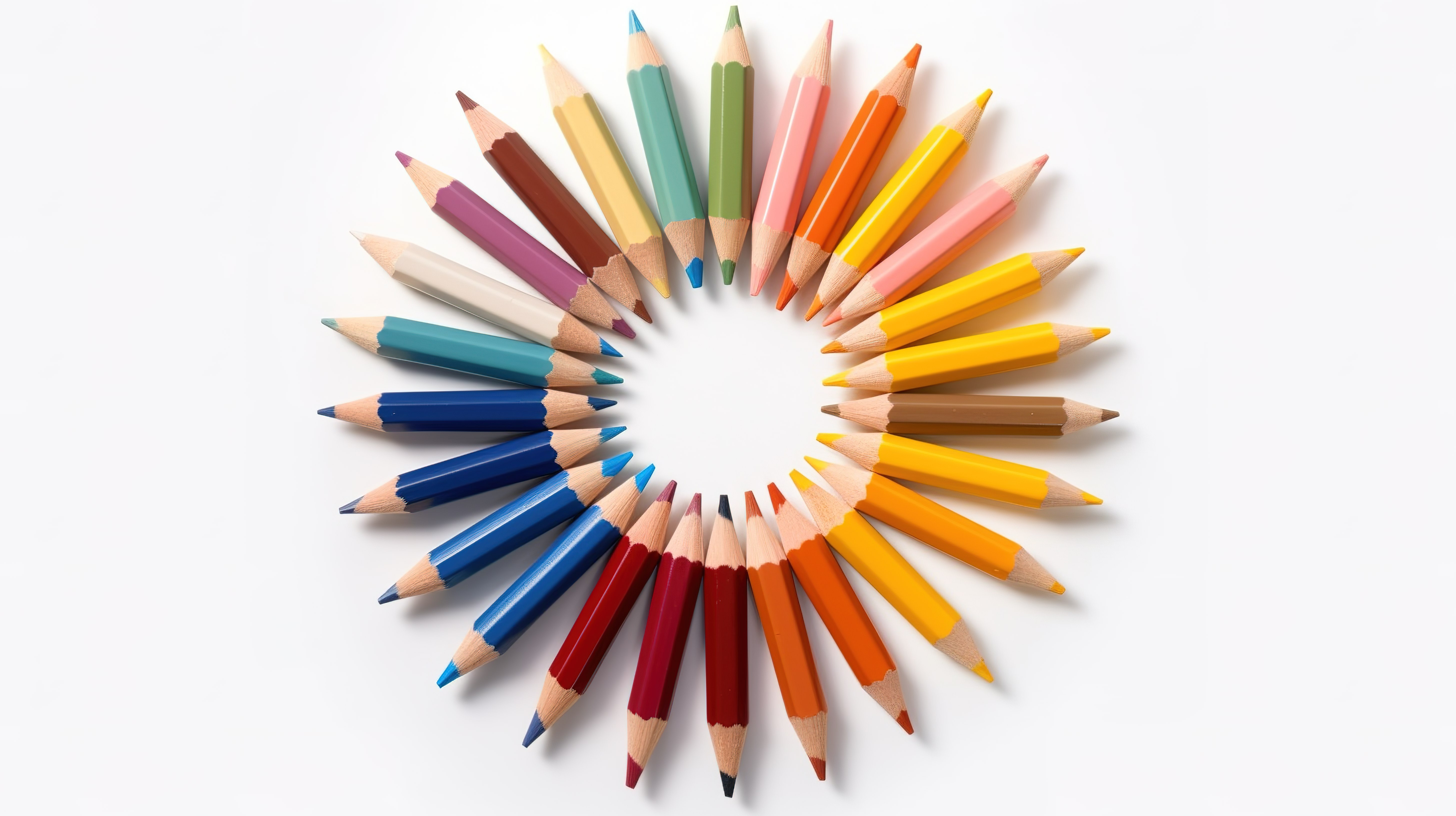 充满活力的彩色铅笔以圆形图案排列在白色背景上，以 3D 专业渲染图片