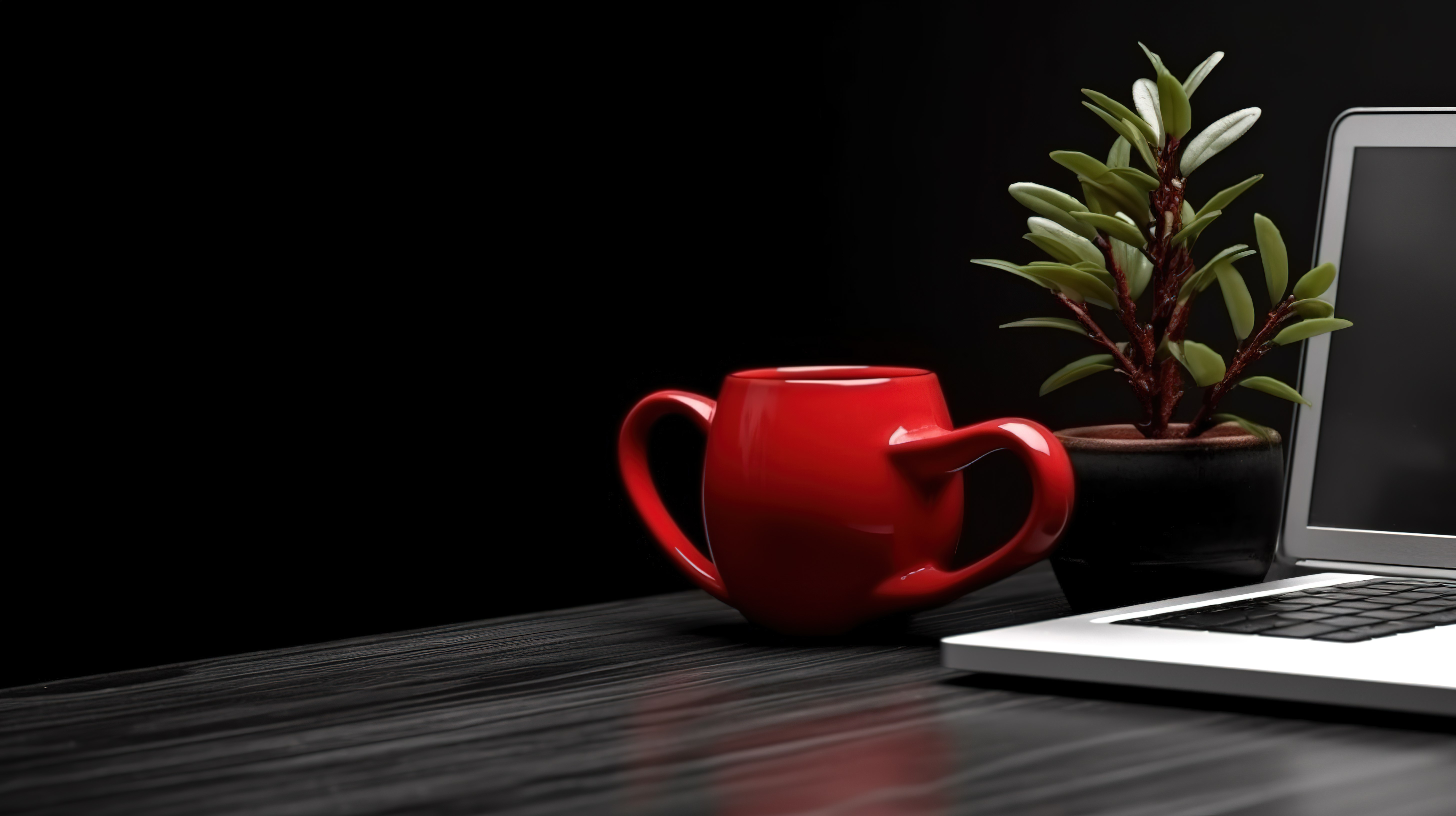 带笔记本电脑红杯和小植物的黑色办公桌的 3D 渲染图片