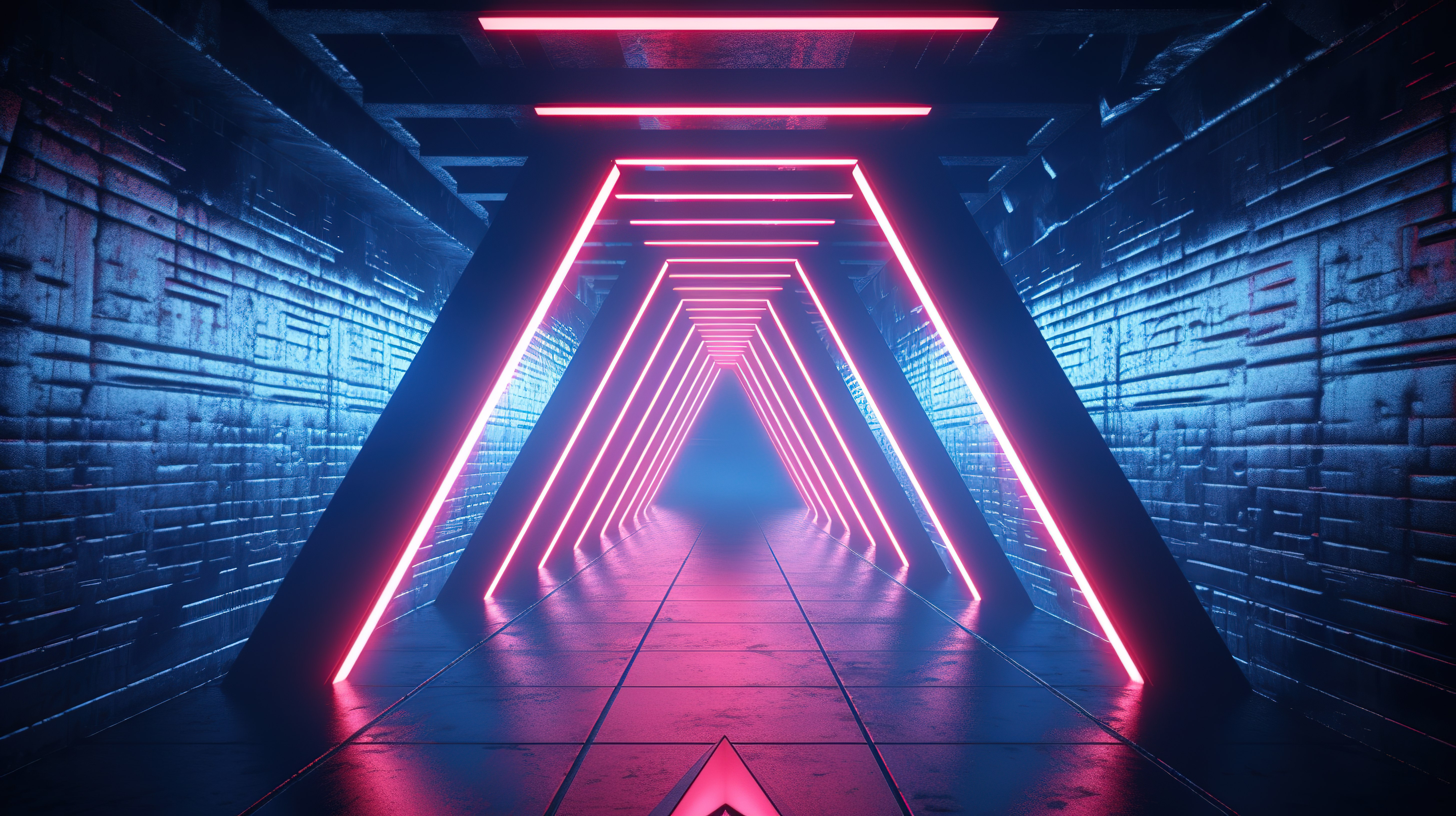 充满活力的 3D 渲染未来派霓虹灯三角形科幻隧道图片