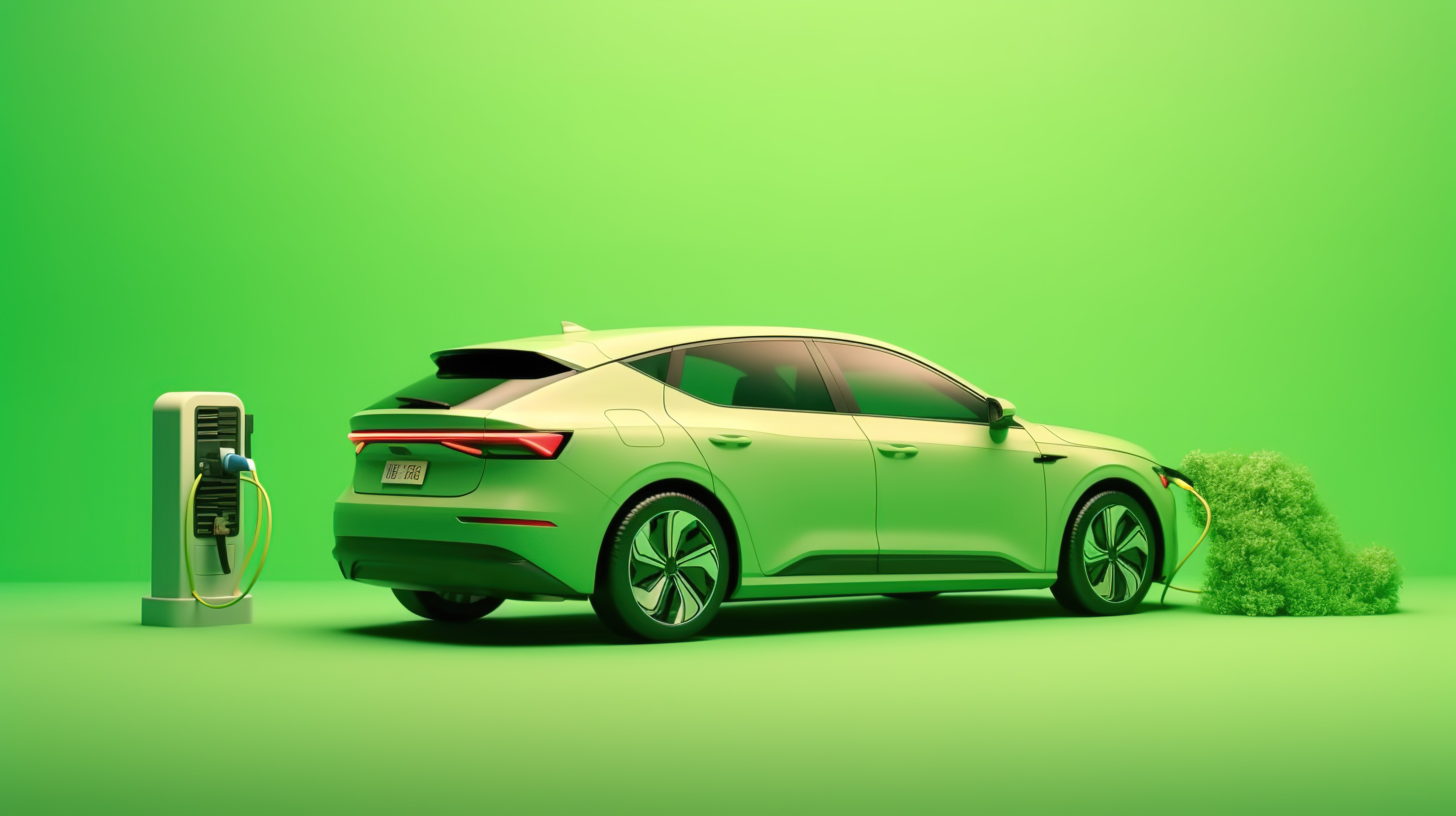 绿色背景电动汽车电池充电与电源 3d 渲染图片