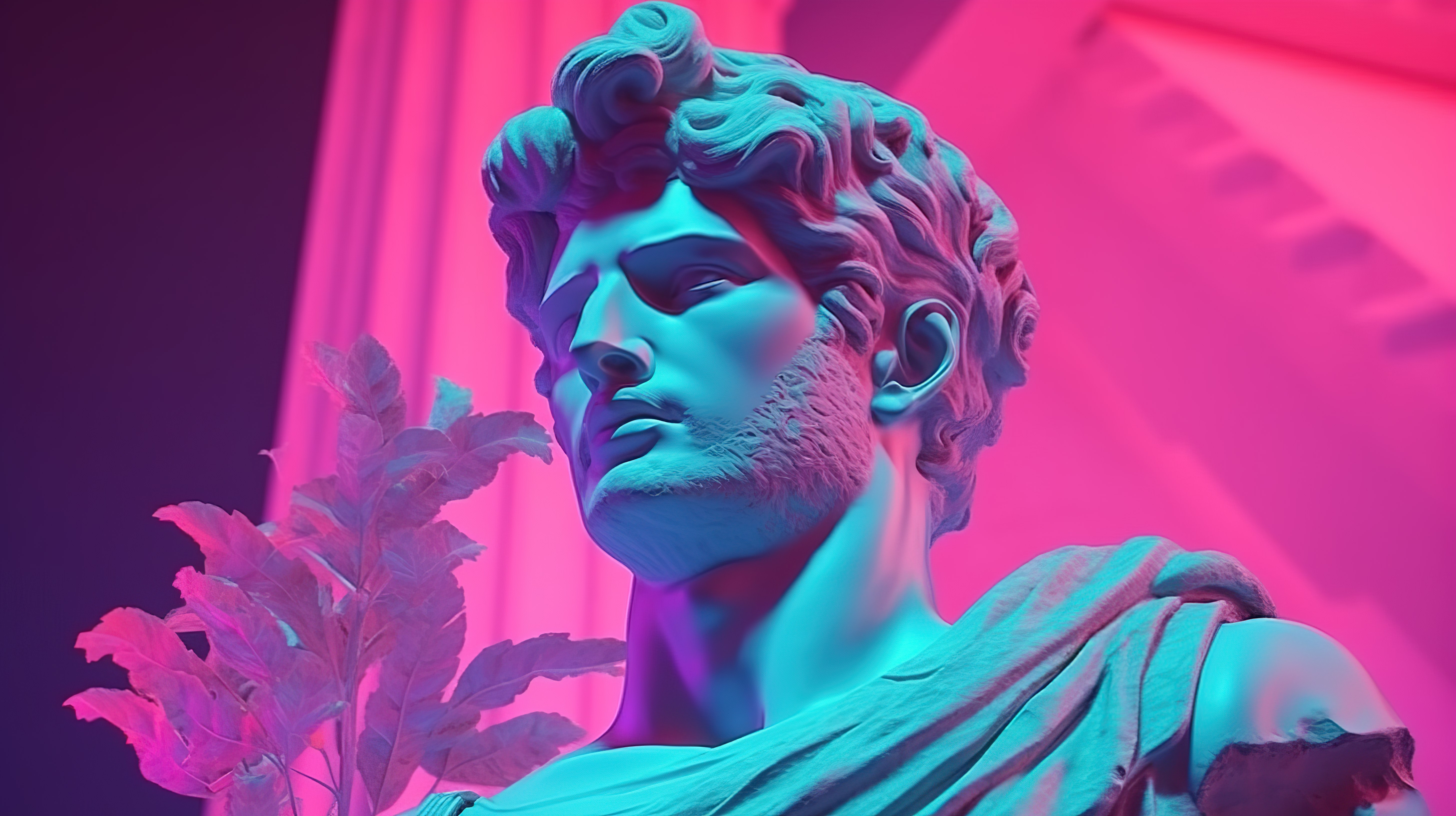 复古灵感城市景观的 3D 渲染，以蒸汽波调色板中的希腊神雕塑为特色图片