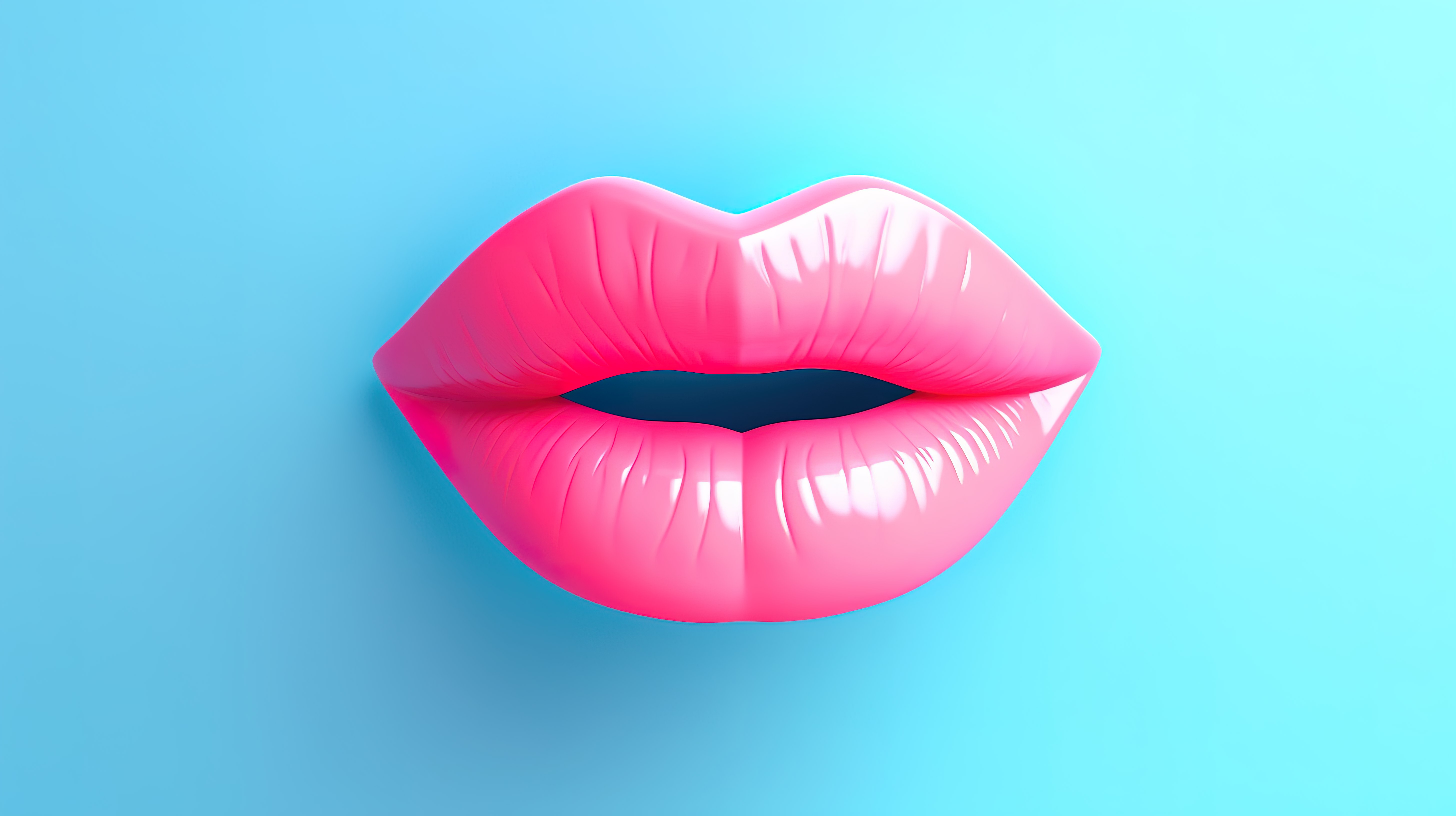 双色调风格 3D 渲染女性嘴唇，在蓝色背景下以亲吻姿势涂粉色口红图片