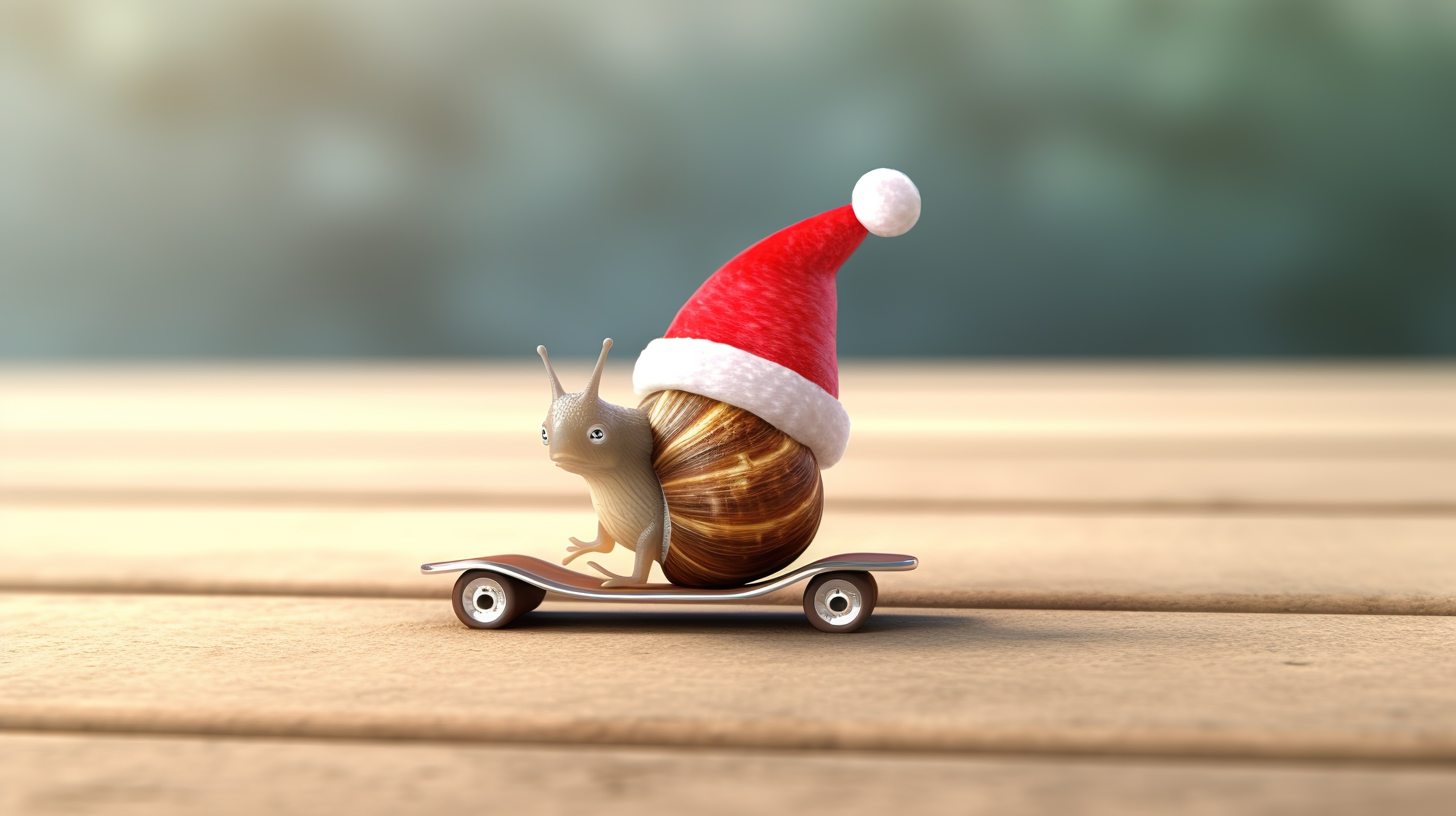 圣诞老人的蜗牛滑冰者带有帽子和空空间的 3D 插图图片