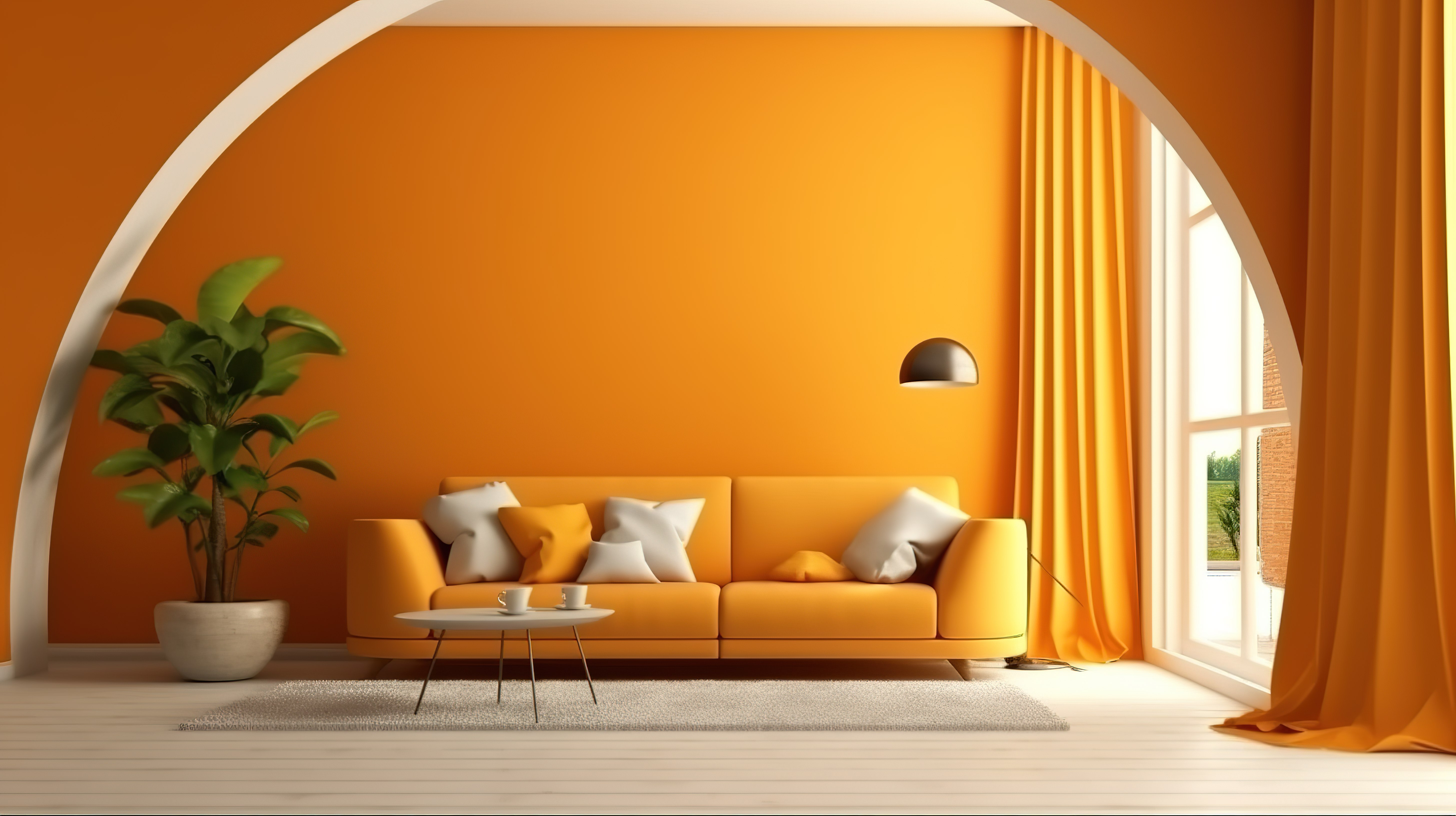 时尚孟菲斯风格的室内充满活力的橙色墙壁和拱门 3D 渲染中的黄色窗帘图片