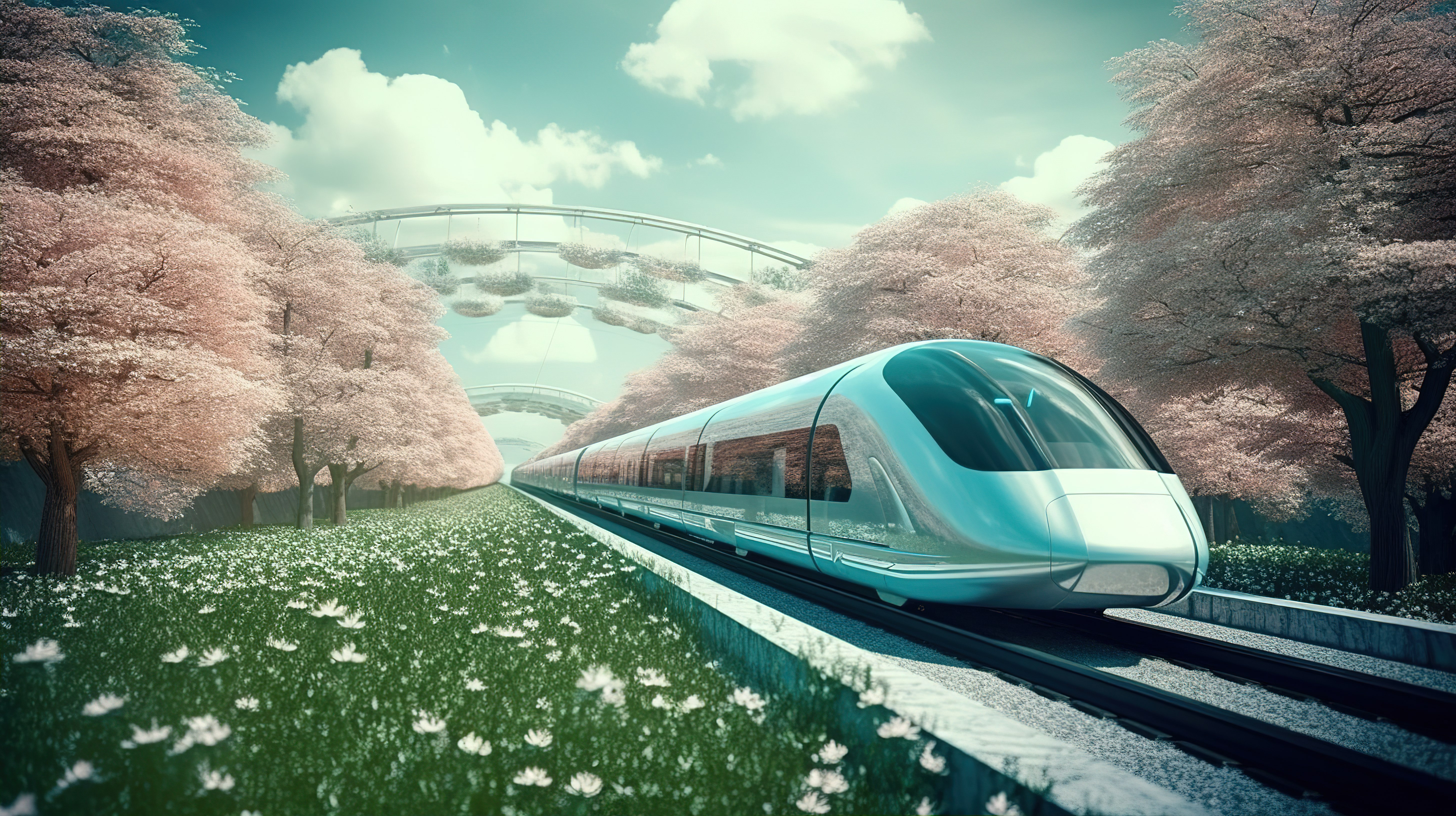 风景秀丽的春天环境中的先进超级高铁运输理念未来 3D 概念图片