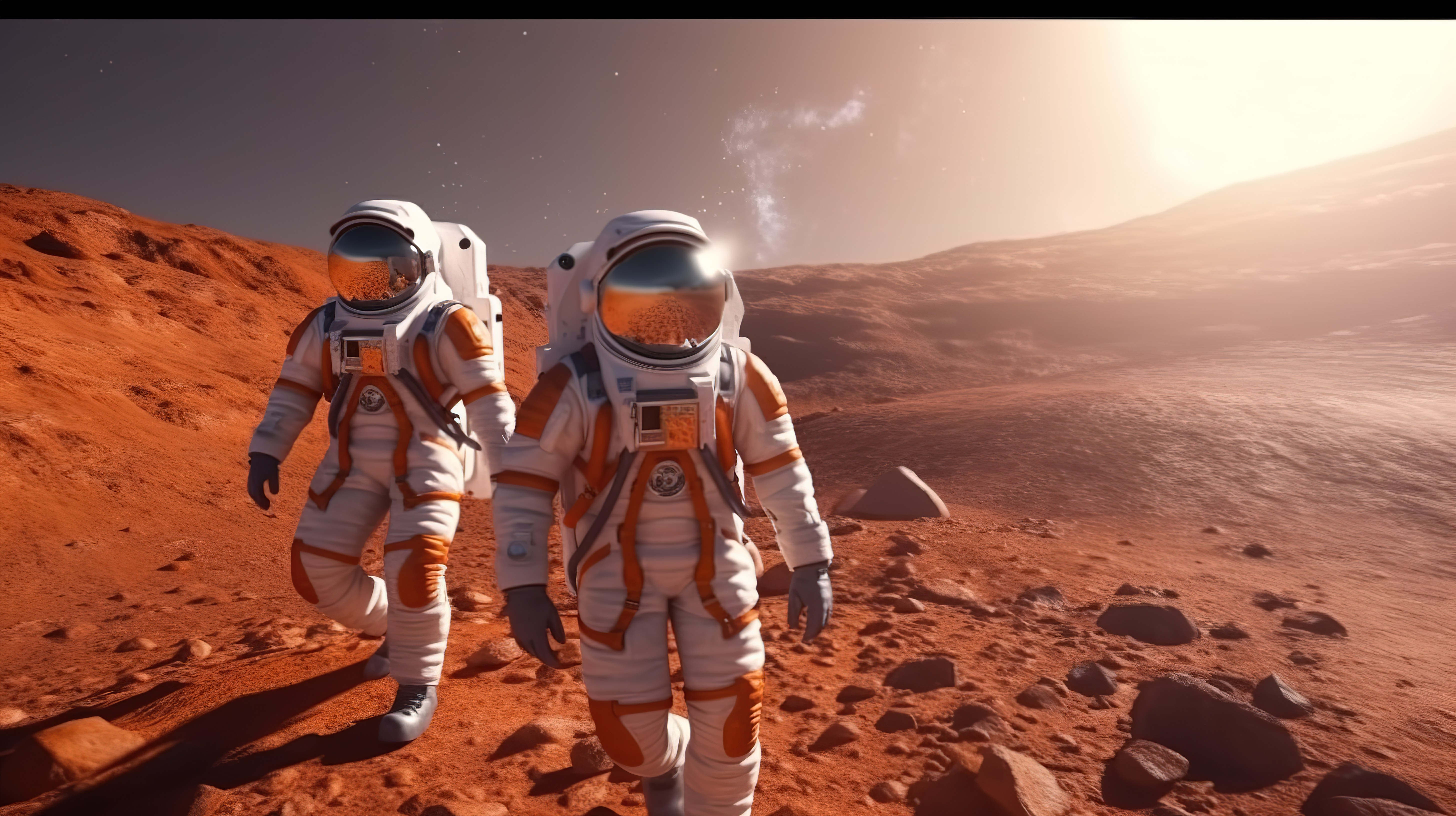 探索红色星球 三名穿着宇航服的宇航员执行火星任务 令人惊叹的 3D 渲染图片